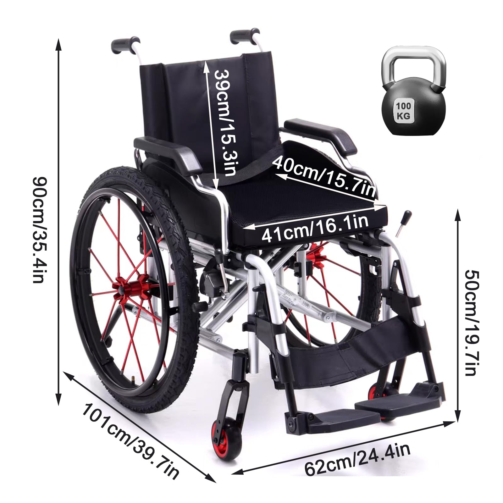 Silla de Ruedas Deportiva Manual Plegable,Ultraligera de Aleación de Aluminio,Transporte Fácil,Freno de mano, liberación rápida, Cinturón de seguridad,Altura regulable(62*101*90cm/24.4*39.7*35.4in)