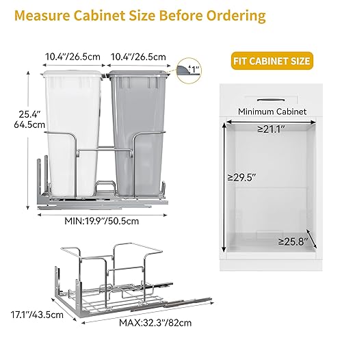 Miniatura 3 de Cubo de basura extraíble doble de 50 cuartos (XL) con tapa para gabinetes mínimos de 21.1 pulgadas de ancho x 25.8 pulgadas de profundidad x 29.5