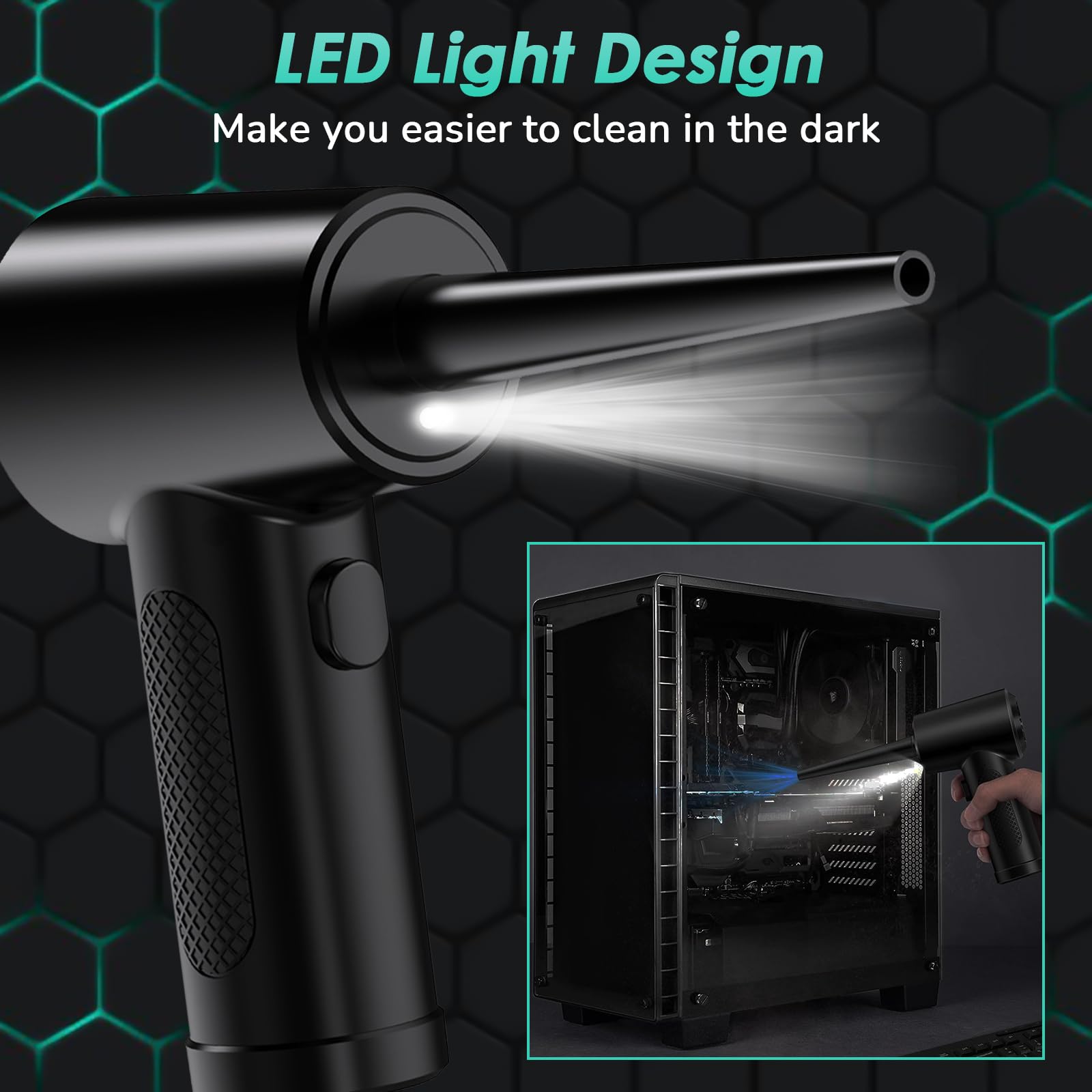 Souffleur Air Comprimé Electrique,3 Vitesses 100000 RPM/min Dépoussiérants Puissants,6000 mAh Batterie avec lumière LED,Air Comprimé Nettoyage pour Ordinateur portable,Clavier,Climatiseur