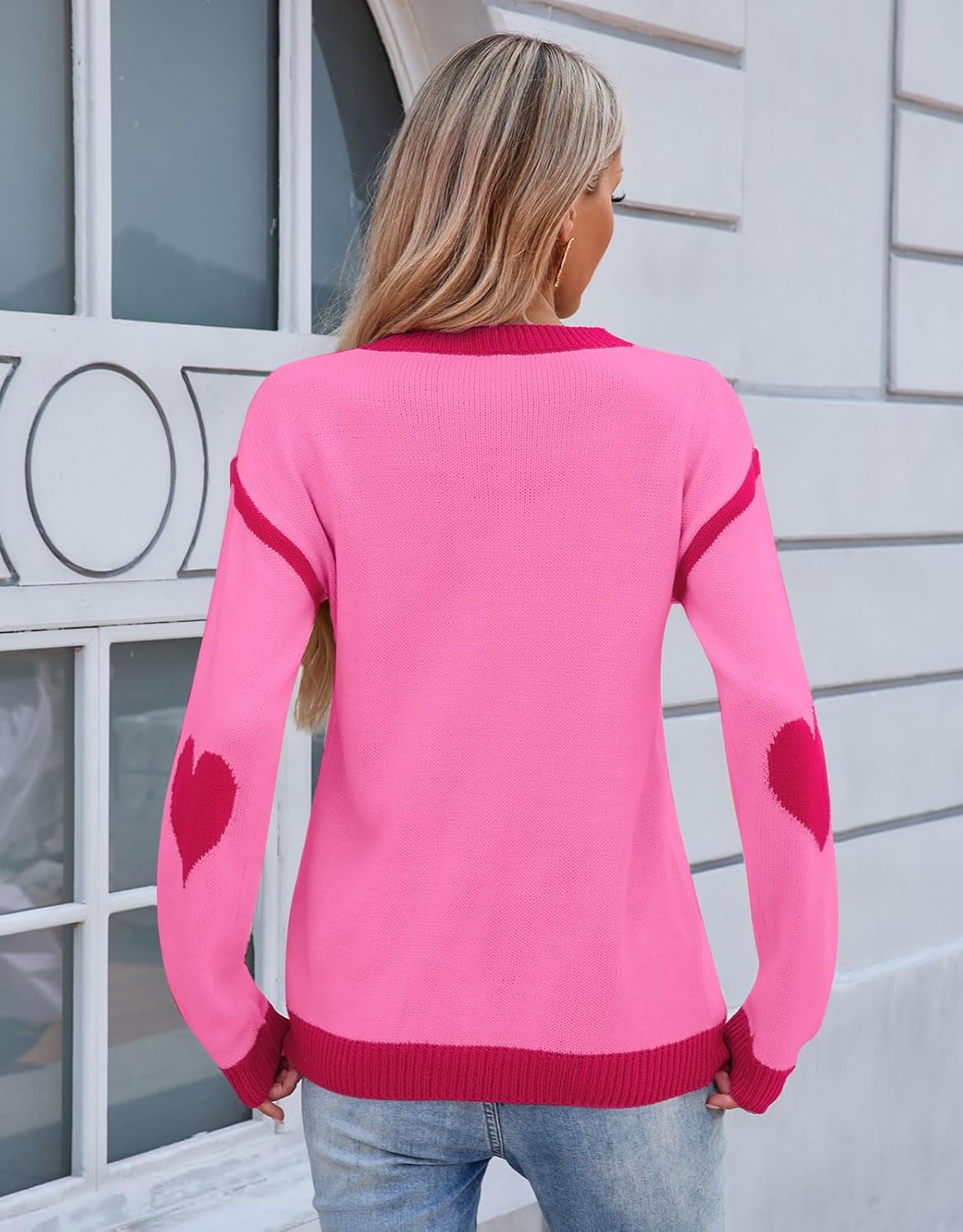 Women Big Cute Heart Sweater Long Sleeve Crew Neck Elbow Patchwork Knit Hearts Pullover - Image 4