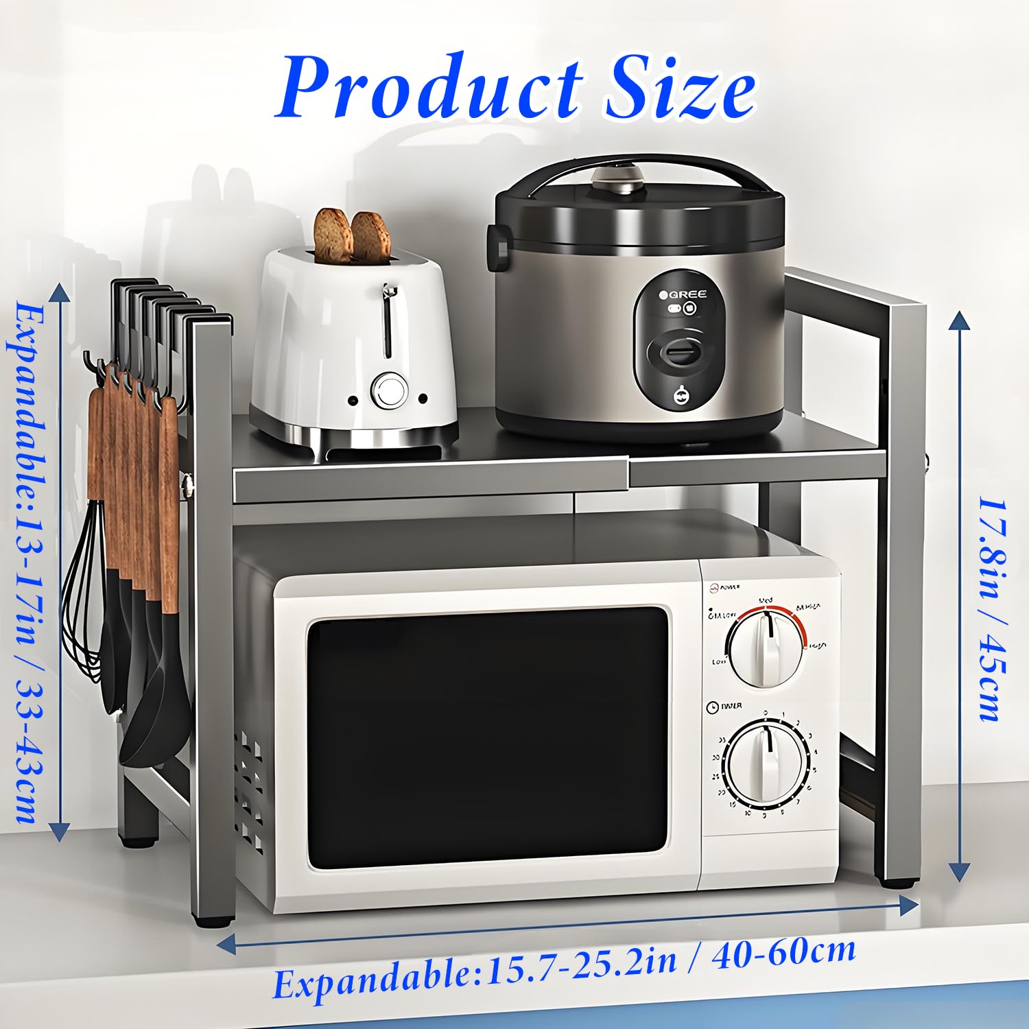 Mensola Microonde Regolabile 2 Livelli, Scaffale Cucina Salvaspazio con Supporto per Microonde, Estensibile da 40 a 64 cm, con 6 Ganci Rimovibili, Ripiano per Microonde per Cucina(Grigio)