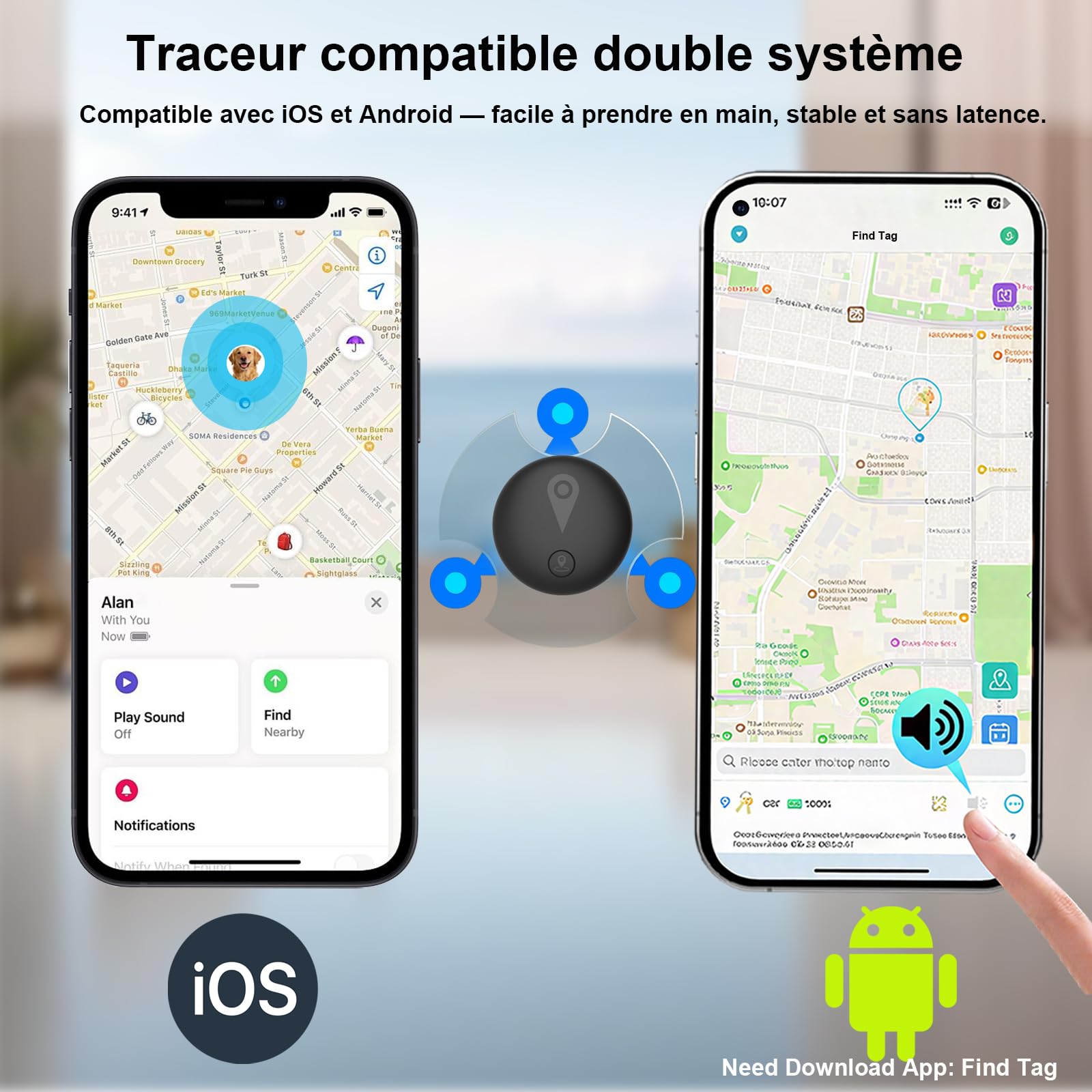 Traceur GPS Voiture,Magnétique Smart Tag Tracker,Traceur caché localisateur,Traceur sans Abonnement,Étanche IP67,Compatible avec iOS et Android,pour Véhicules/clés/Moto/Bagage/Enfant/Wallet-