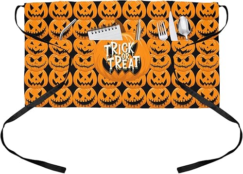 DecorLovee Delantal de camarera de Halloween con 3 bolsillos, diseño de calabaza naranja, negro, impermeable, para cocina, restaurante, media