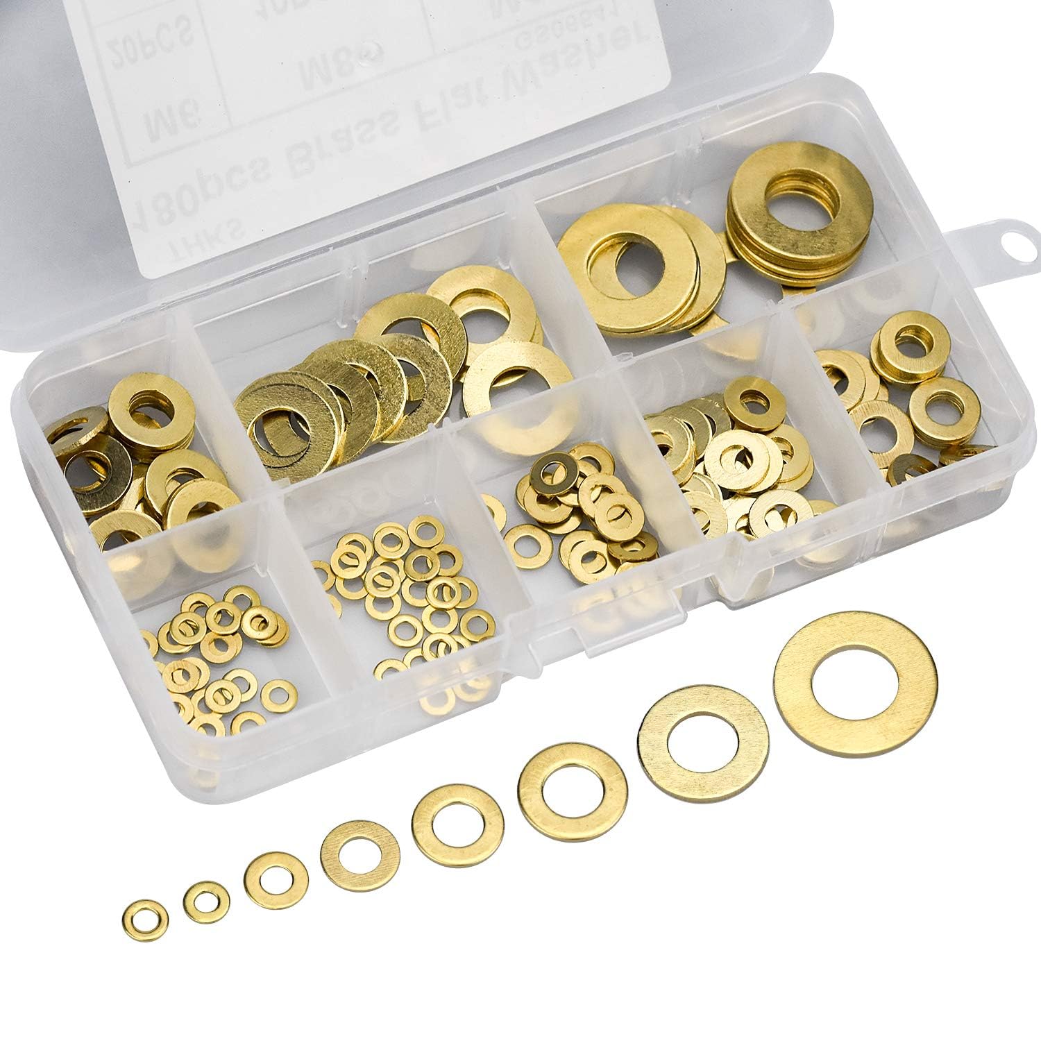 Set di 180 rondelle in ottone, 8 misure, dischi piatti e di sicurezza, assortimento (M2, M2.5, M3, M4, M5, M6, M8, M10), dischi piatti in ottone per viti e dadi