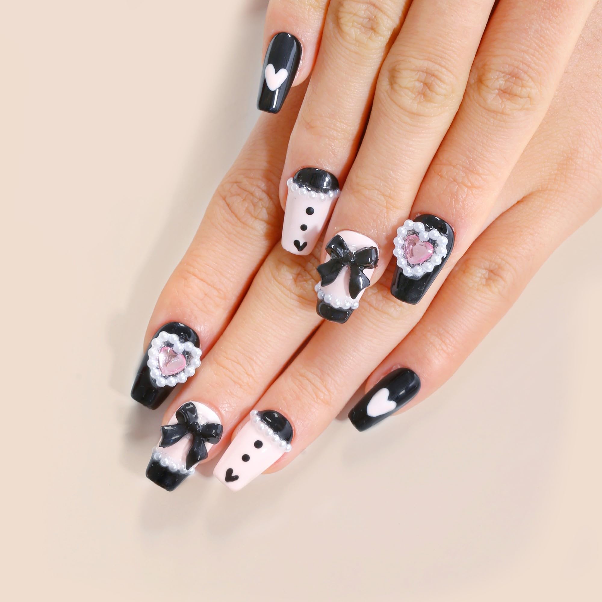 Sun&Beam Nails Handmade Press-on Square Round Trapezoid Nail Design False Nail Tips Pink and Black with Ribbon Stylish 10 Pcs Set (#149 L) - Image 3