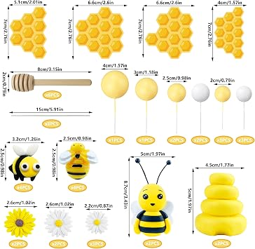 46 PCS Bee Cake Toppers Honeycomb Cake Decorations for Baby Shower Bee Theme Birthday Party Decoration Supplies