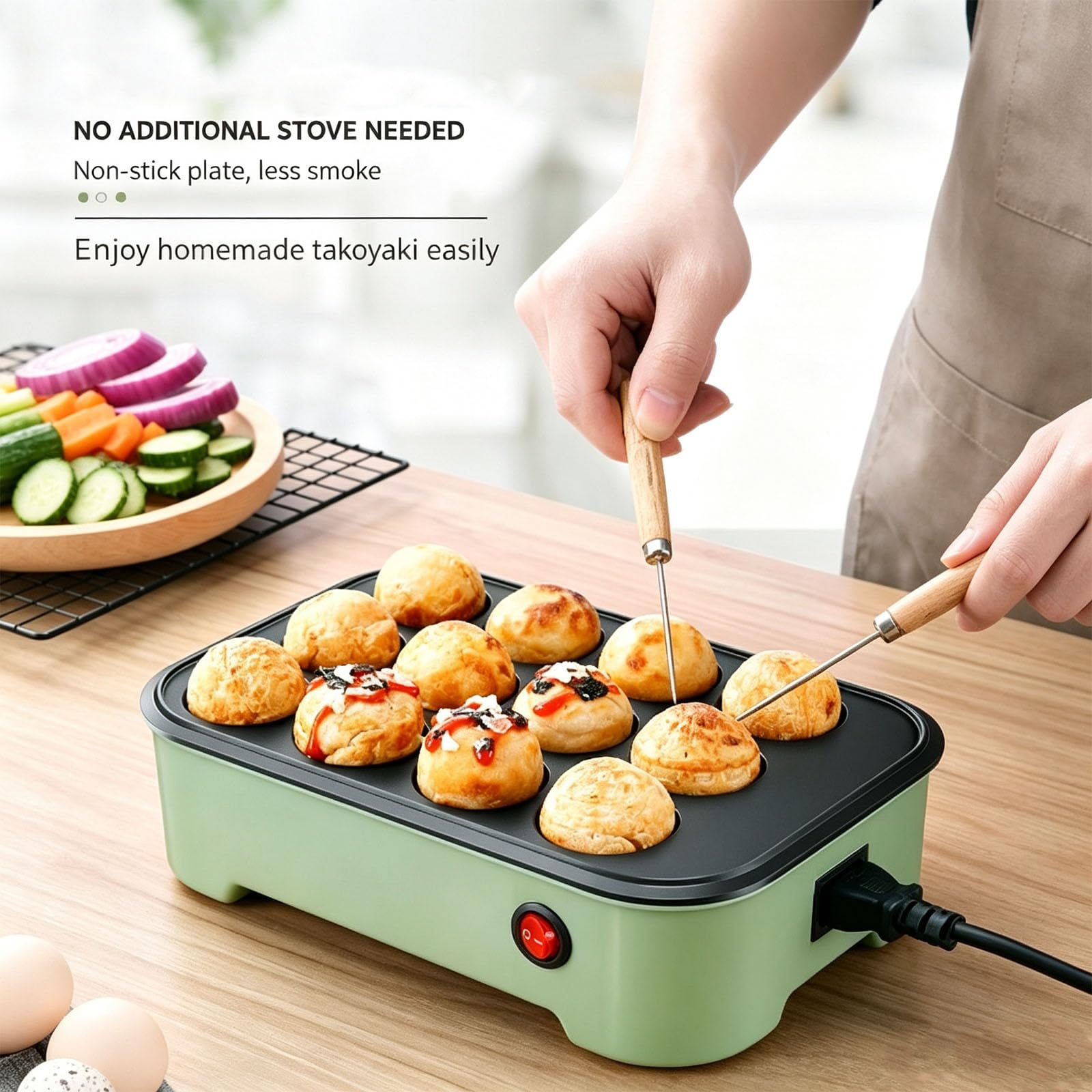 Appareil À Takoyaki 12 Trous, Poêle Électrique 800 W avec Couvercle, Contrôle Automatique De La Température, Revêtement Antiadhésif pour Préparer des Takoyaki, Œufs Au Plat, Beignets Et