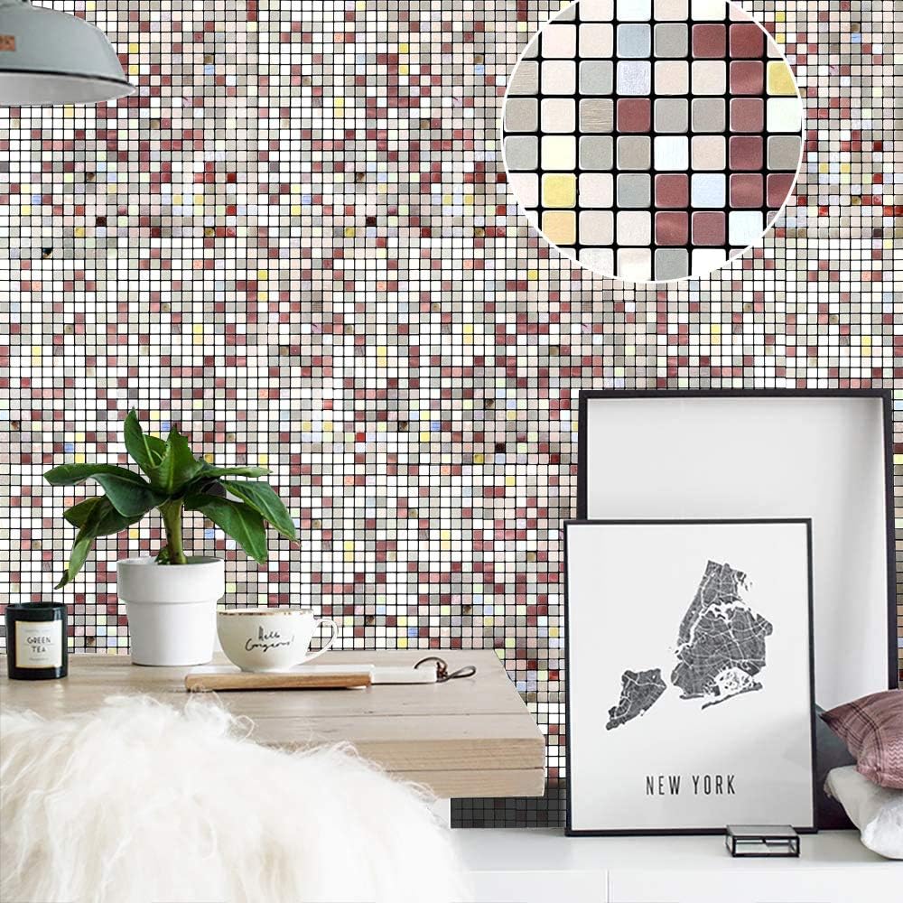 XUANINY 5-Sheet Peel and Stick Metal Backsplash Tiles, Silver Frosted Surface Square Aluminum Mosaic Sticker for Kitchen Wall Bathroom(11.61"x11.61" Per Sheet,Pack of 5pcs) (Silver Grey)