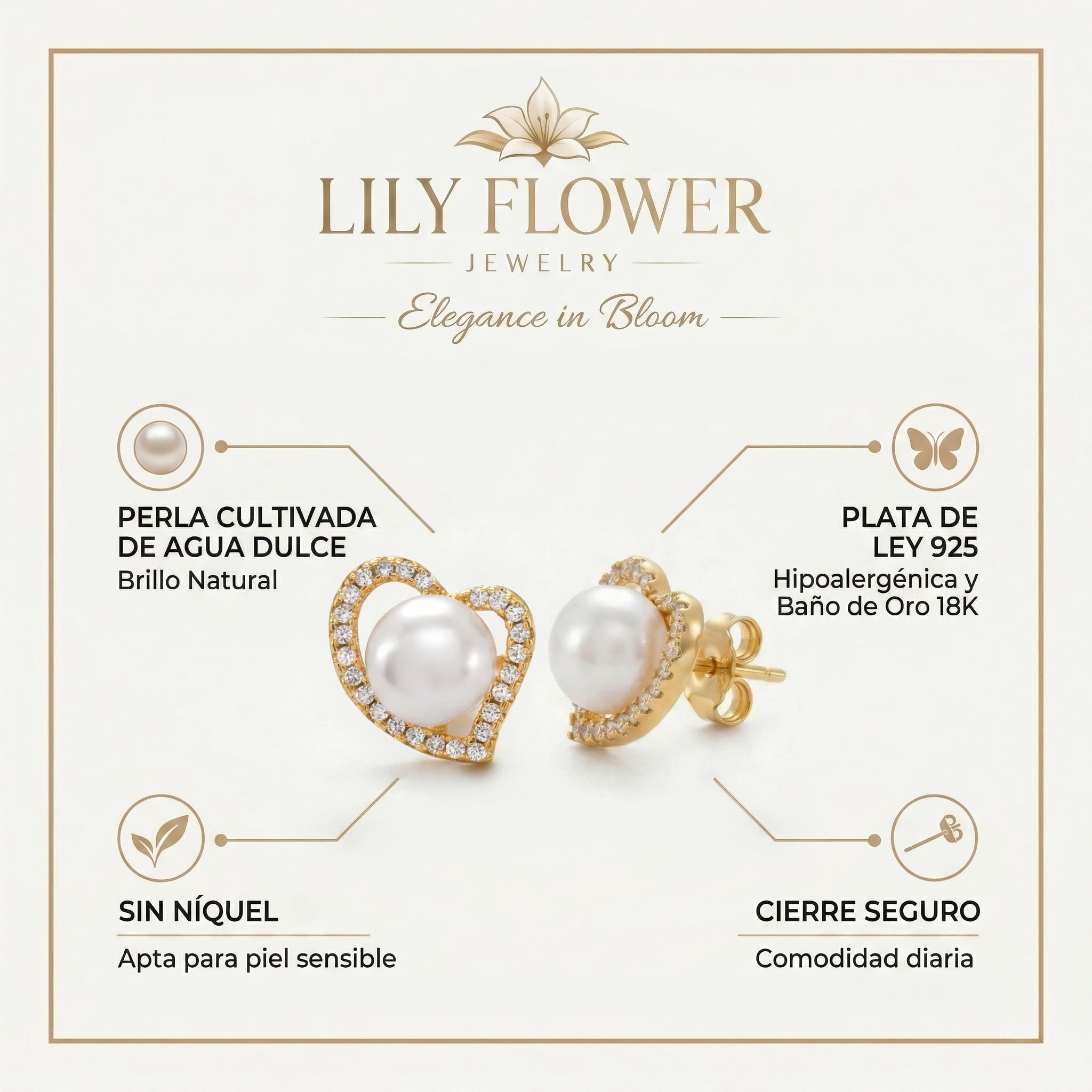 Pendientes Perla Mujer, Corazón, Circonitas, Plata 925