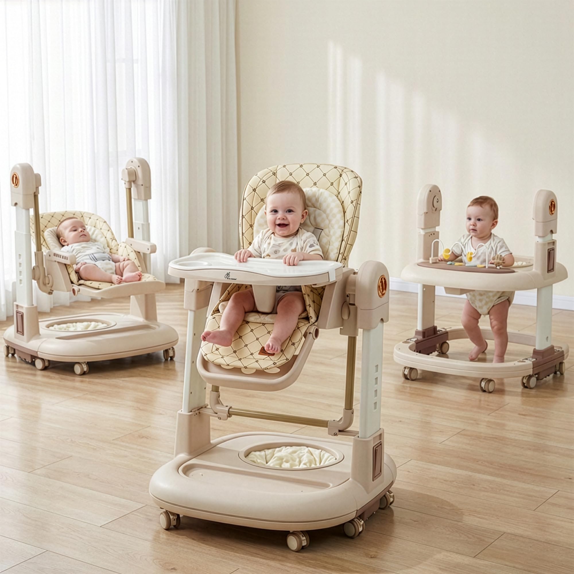 R for Rabbit Marshmallow Trio 3 in 1 High Chair for Kids with Swing & Baby Walker | Light & Music Toy Tray, Dual Meal Tray, 5-Point Harness, Feeding Chair for 6 Months to 5 Years (Beige)-image-0