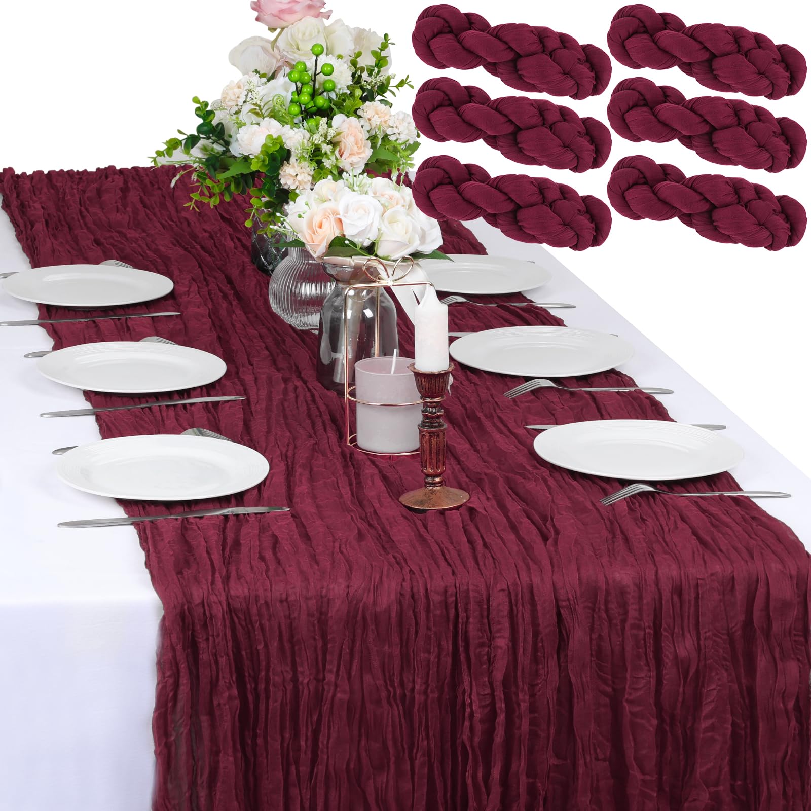 Chemin de table en étamine bordeaux de 3m style bohème rustique pour mariages et fêtes Lot de 6