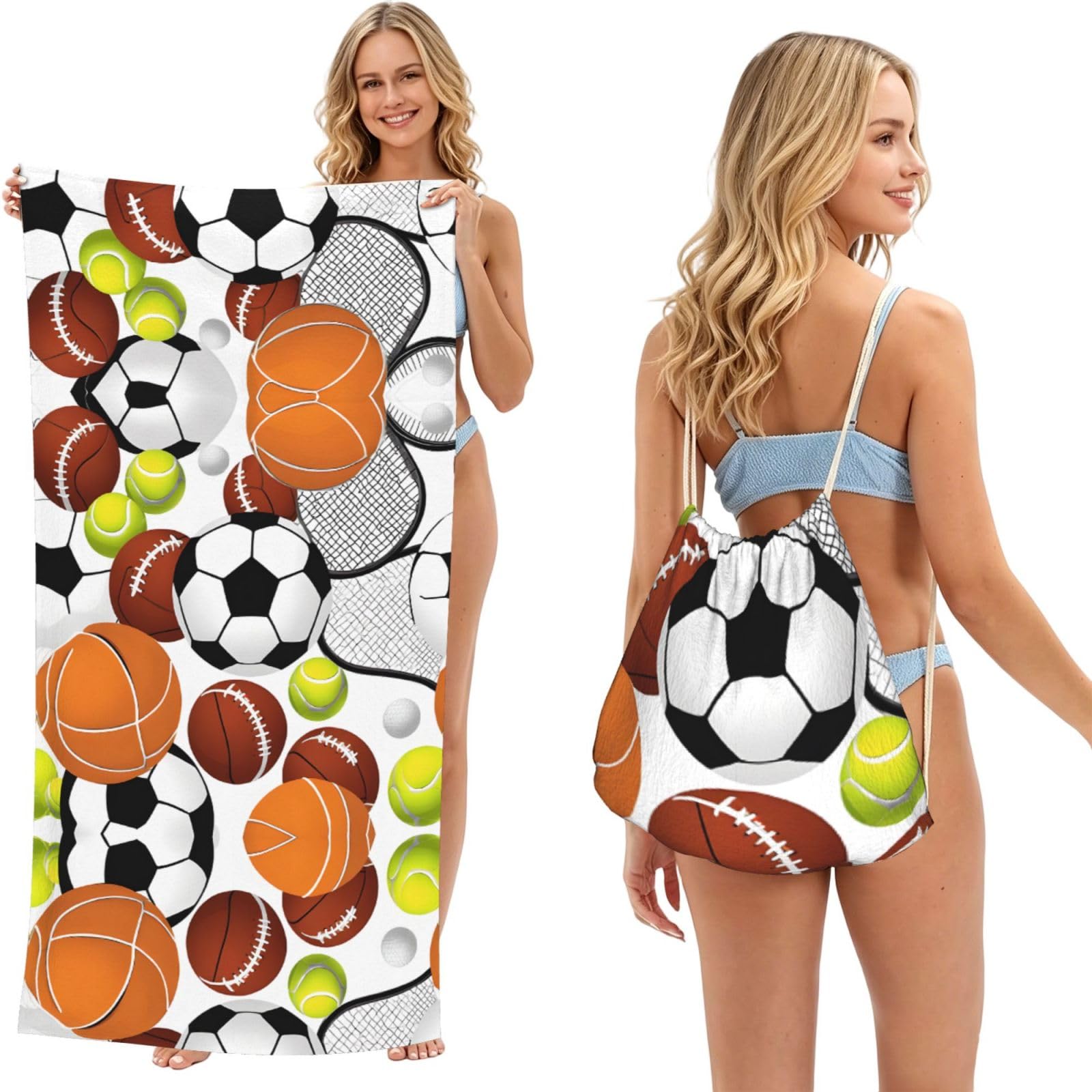 ESNAIUVCD Sports Ball Print Beach Towel For Adults,Towel With Drawstring Bag, Travel Pool Swimming Sports Shower Sand Free Quick Dry Bath Towel For Pool, Beach, Yoga- 180x60cm