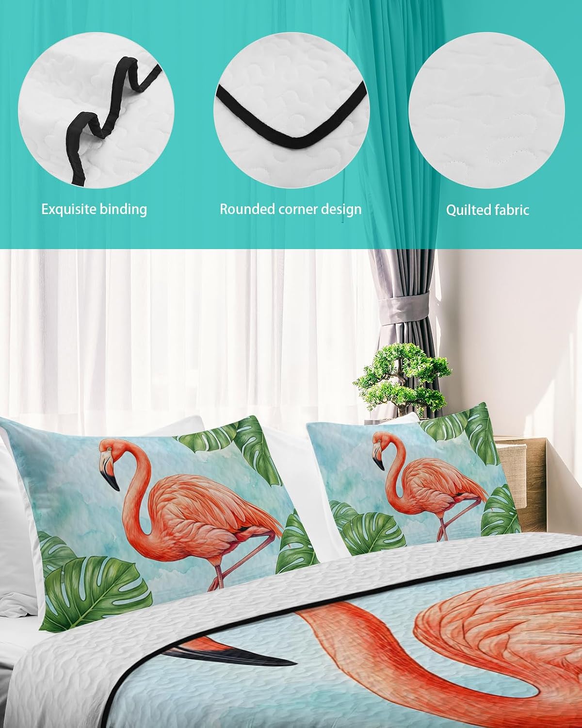 King Size Quilt Set, Pink Flamingos Monstera Lightweight Bedspread Coverlet Set Soft Microfiber Summer Quilt with 2 Pillow Shams, Summer Ocean Seaside 3 Piece Comforter Bedding Set
