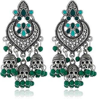 Boho Chandellier Jhumka Statement Dangle Earrings for Women Vintage Large Flower Ball Bead Tassel Drop Dangling Earring Indian Bollywood Jewelry Holiday Festival Christmas