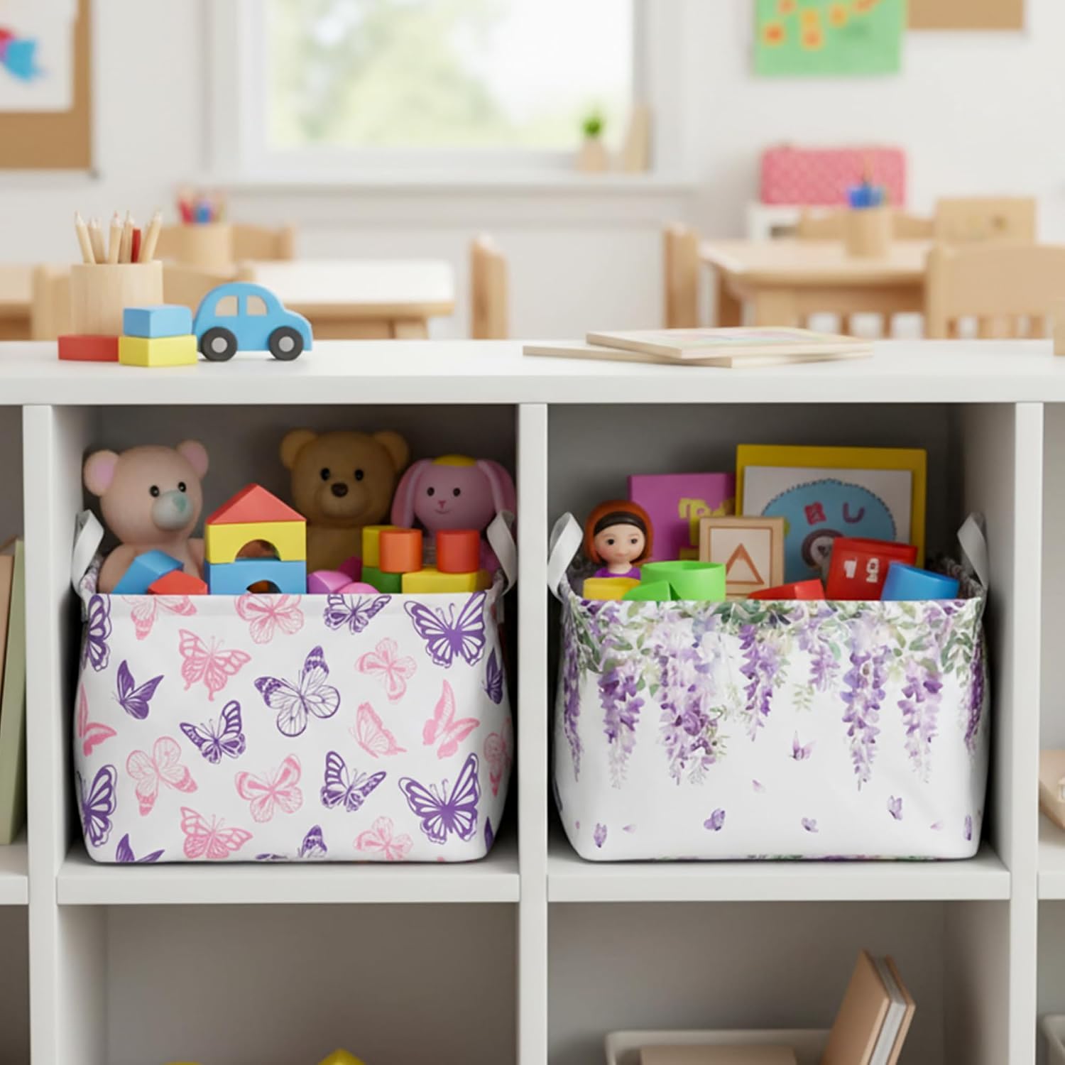 EYxsaxenk Flower Butterfly Storage Basket Bin - 4Pcs Pink Purple Floral Large Fabric Organizer Storage Bins with Handle Waterproof Collapsible Basket Closet Shelf Cloth Container for Nursery Girl Room