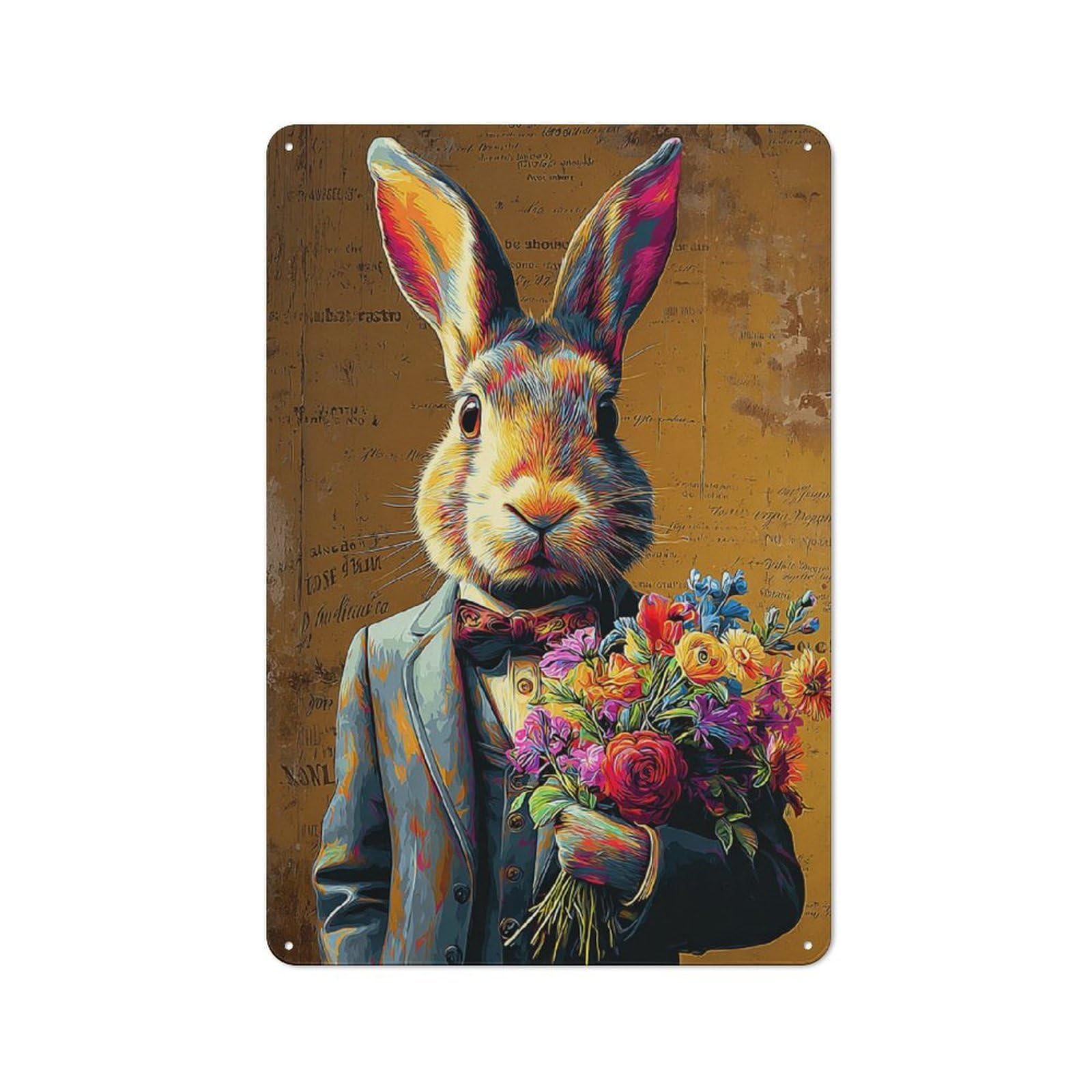 Junmoney Colorful Rabbit In Suit Holding Flowers Tin Wall Plaque 30X20cm With For Guest Room Or Hallway, For Garage, Workshop And Man Cave Decoration