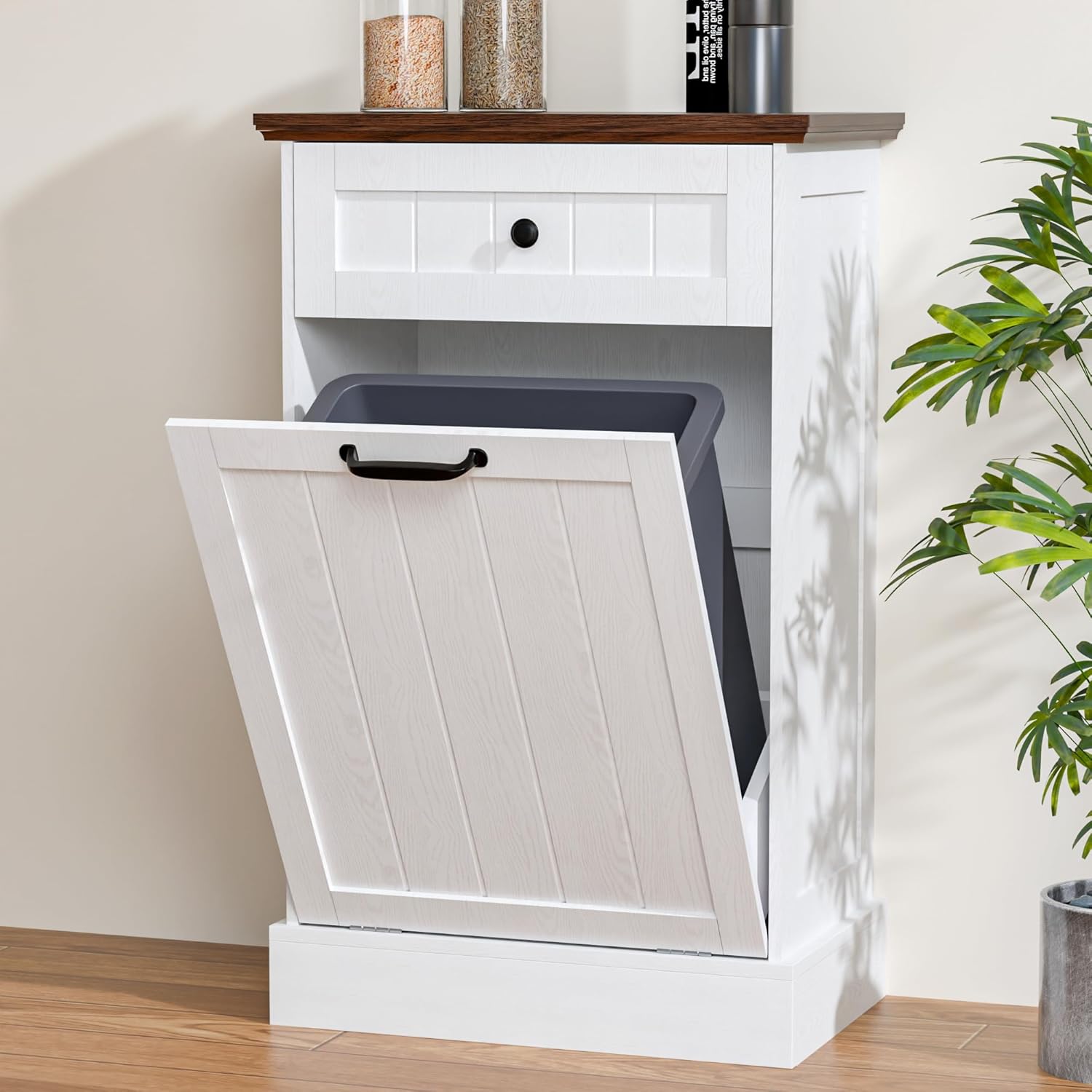 Zamildon's 10 Gallons Tilt Out Trash Cabinet, Freestanding Hidden Garbage Can Cabinet with Drawer, Laundry Hamper Basket for Kitchen, Dining Room (White, 1 x 10-Gallon)