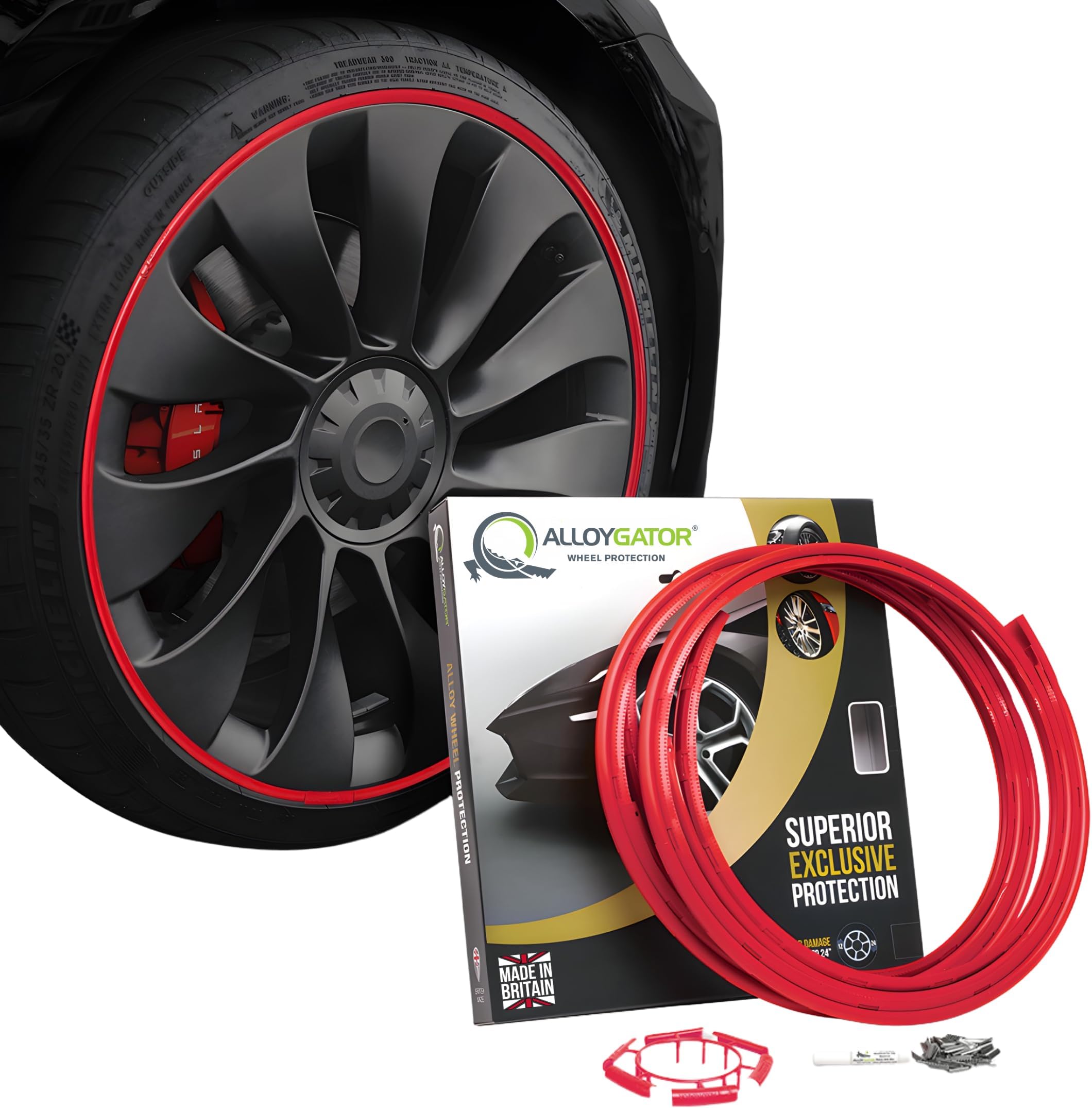 AlloyGator Red Alloy Wheel Protectors to Avoid Kerb Scratches & Scuffs – Fits Up to 24" x 4 Wheels | Fits All Cars | Adhesive Free Car Exterior Accessory | 15 Colour Options