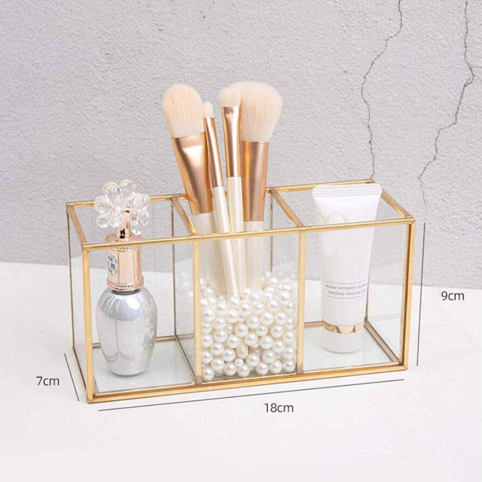 ZLYY Kosmetik Organizer Glas Gold Schminkpinsel Aufbewahrung Gold Aufbewahrungsbox Mit 3 Fächern Für Schminktisch Badezimmer Make-up-Pinsel Kosmetik