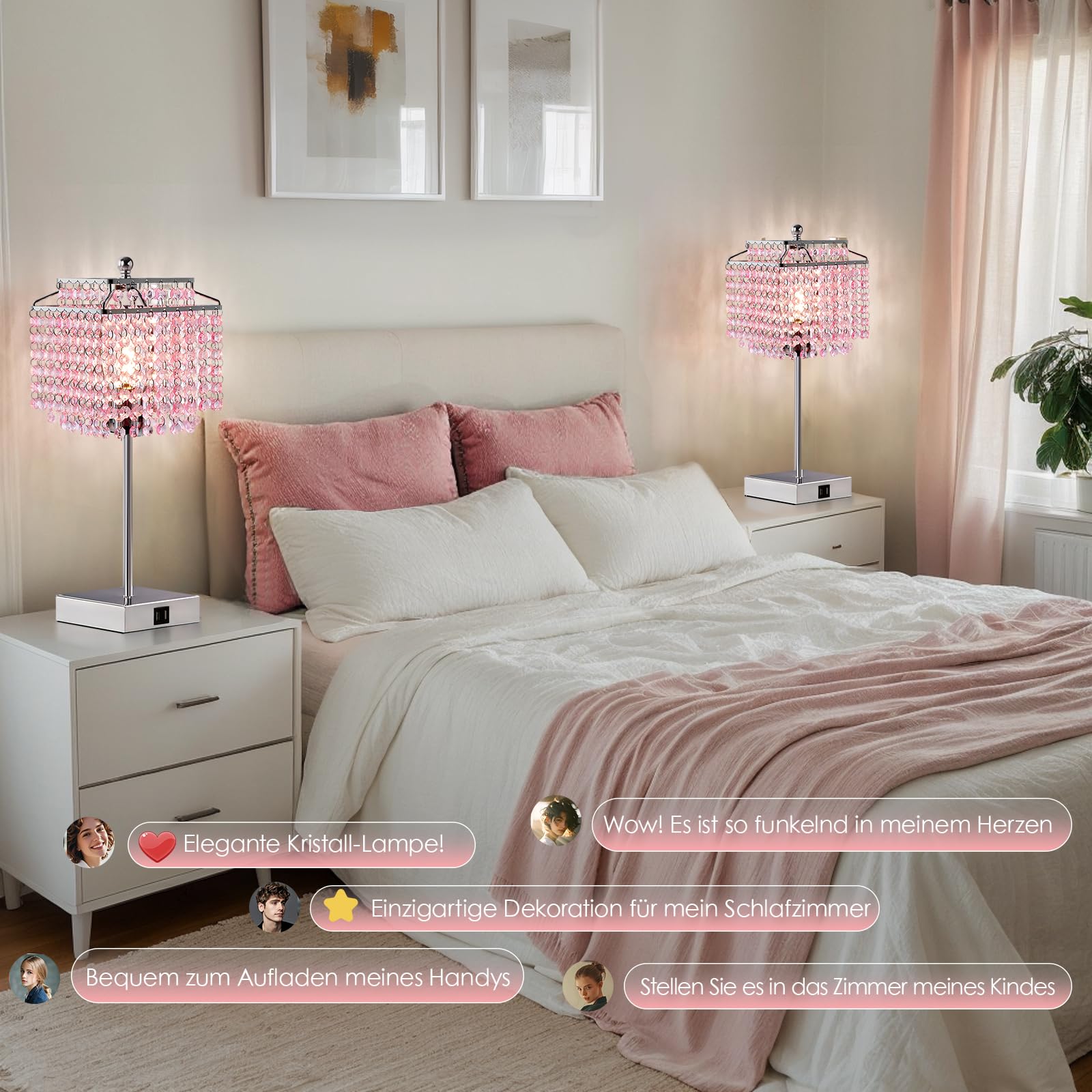 GyroVu Kristall Tischlampe, Rosa Dimmbare Touch Nachttischlampe mit Ladefunktion USB A+C-Anschlüssen Steckdosen, Kleine KristallLampe für Wohnzimmer Schlafzimmer Mädchenzimmer (Inklusive Glühbirne)