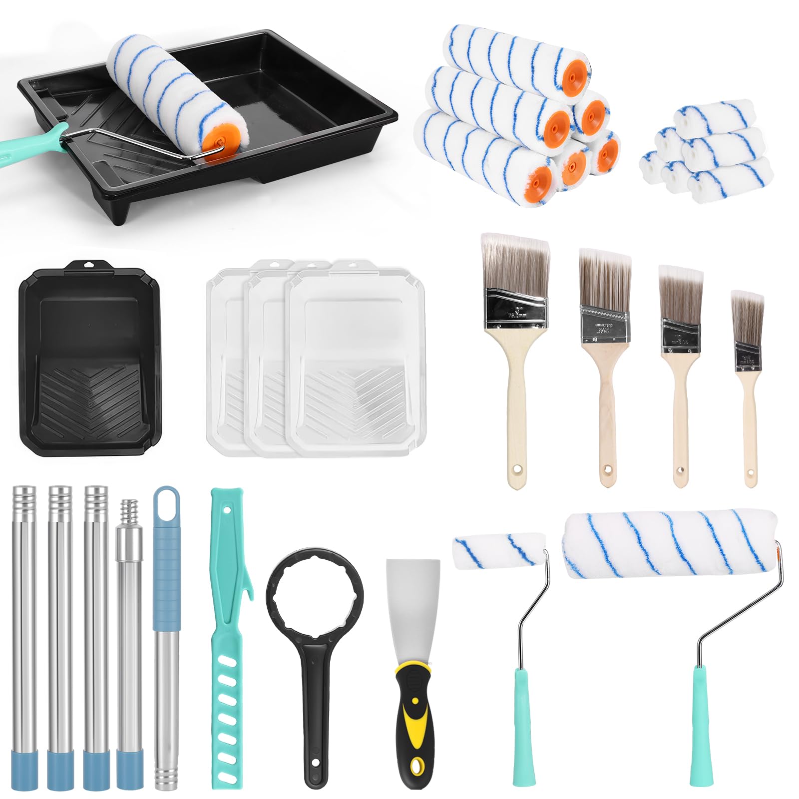 Set di rulli da pittura da 22,9 cm e vassoi, con pennello e vassoio, set di rulli per vernice con asta di estensione e 5 manicotti per rulli, copertura per rullo in microfibra per pareti, soffitto