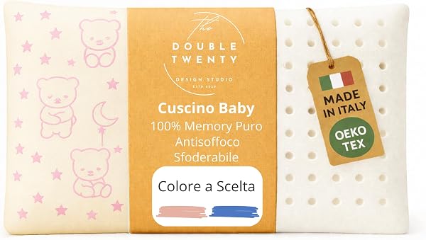 The Double Twenty Cuscino Baby in Memory Foam, ideale per culla e Bambini fino a 5 anni, Federa ipoallergenica,Modello a Saponetta forata Antisoffoco (Rosa) - 1