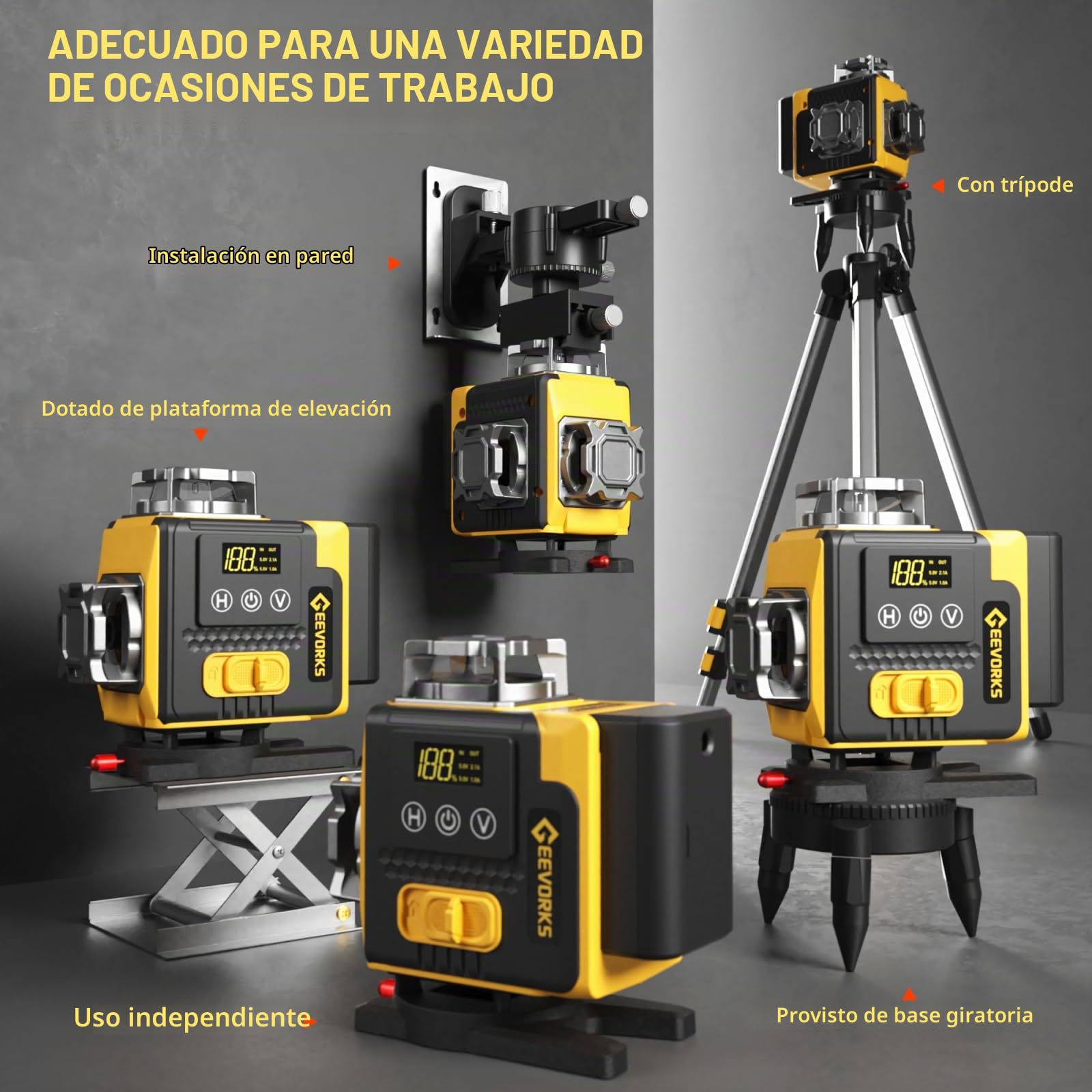 Geevorks Nivel Láser Autonivelante con Tripode,Nivel Laser Autonivelante 360 Grados 16 Líneas, Autonivelante de 3°,Alta Precisión,Pantalla Digital,2 * 2400 mAh Batería,Mando a Distancia