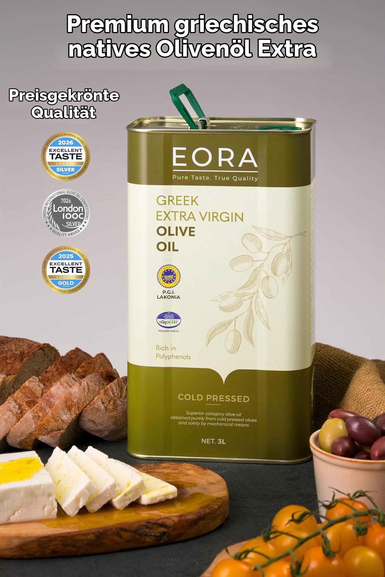 EORA Premium Griechisches Natives Olivenöl Extra 3L (Neue Ernte 25/26) – Hoher Polyphenolgehalt, kaltgepresst, sehr niedriger Säuregehalt ~0,35% – Einzelne Herkunft P.G.I. Lakonien, Griechenland