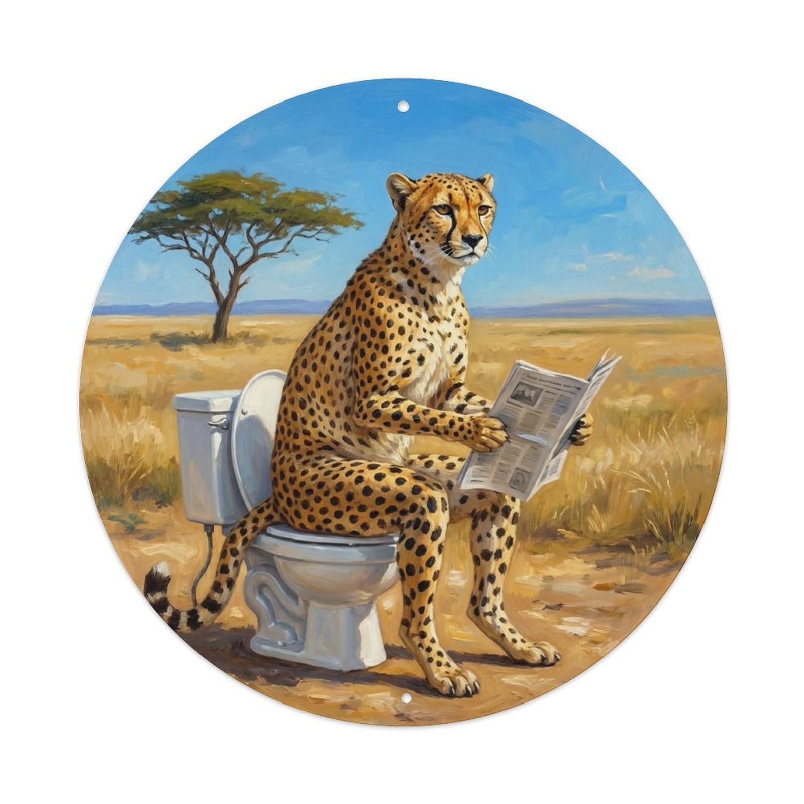 Cheetah On Toilet Humorous Bathroom Acacia Plain Noon Metal Tin Sign
