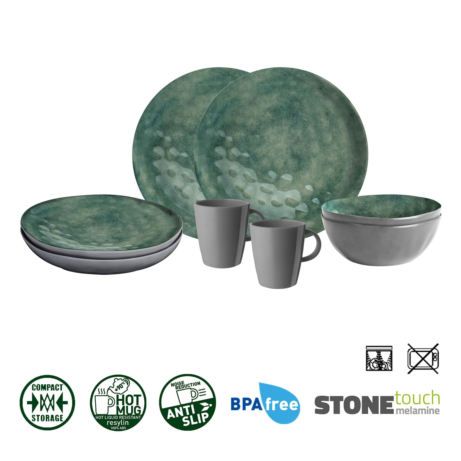 BRUNNER Campinggeschirr Melamin (Set 8 12 16 36 Teilig) Venetian Sea Green | Antislip (Antirutsch), 2-4 Personen, wie Steingut (StoneTouch), Bruchfest, Teller & Schüsseln, Wohnmobil Wohnwagen Boot