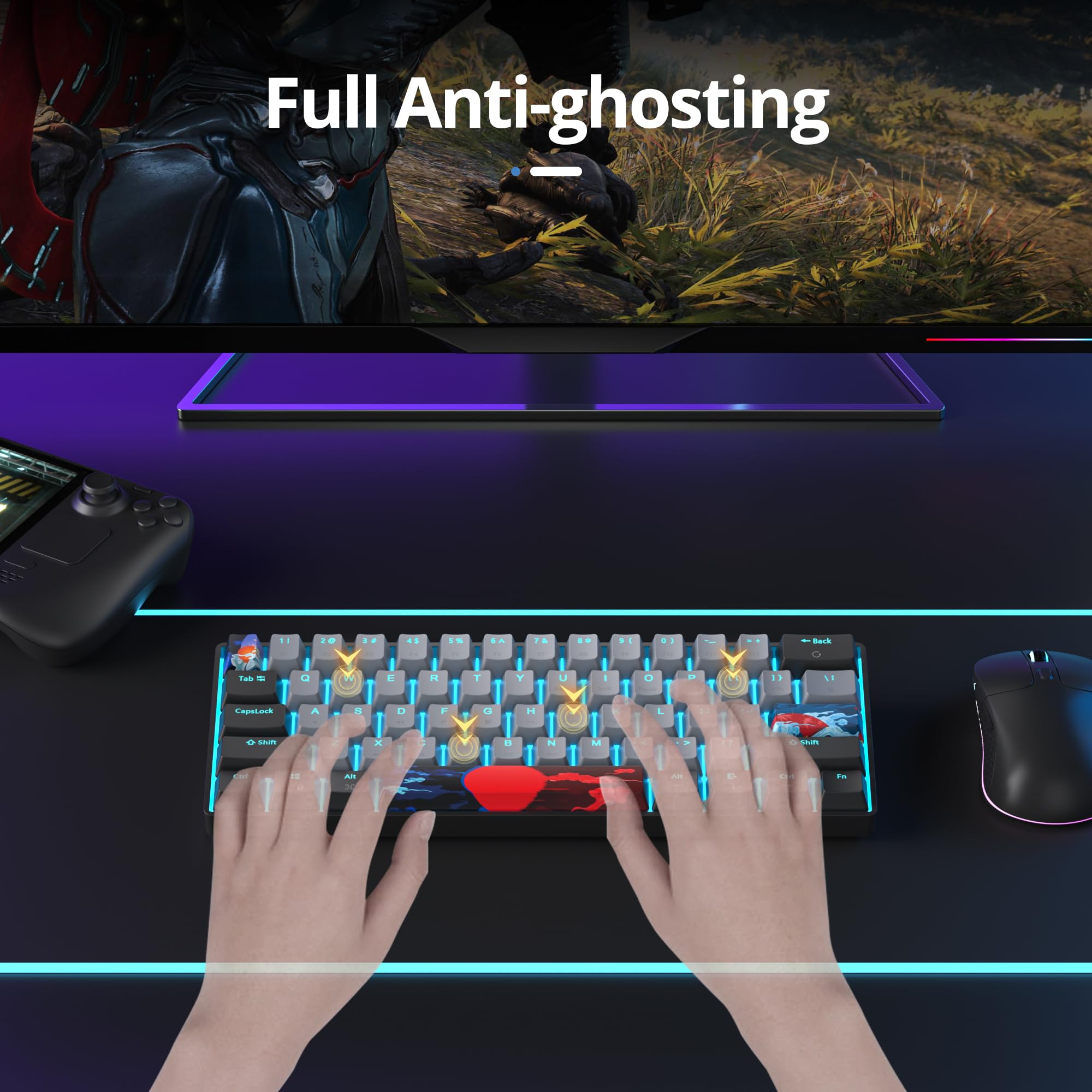 SOLIDEE clavier mécanique de jeu 60%,61 touches avec commutateur rouges linéaires,Lumière bleu glacier,clavier mécanique filaire avec rétroéclairage LED,clavier compact pour PS5/PS4(61 Black Grey)
