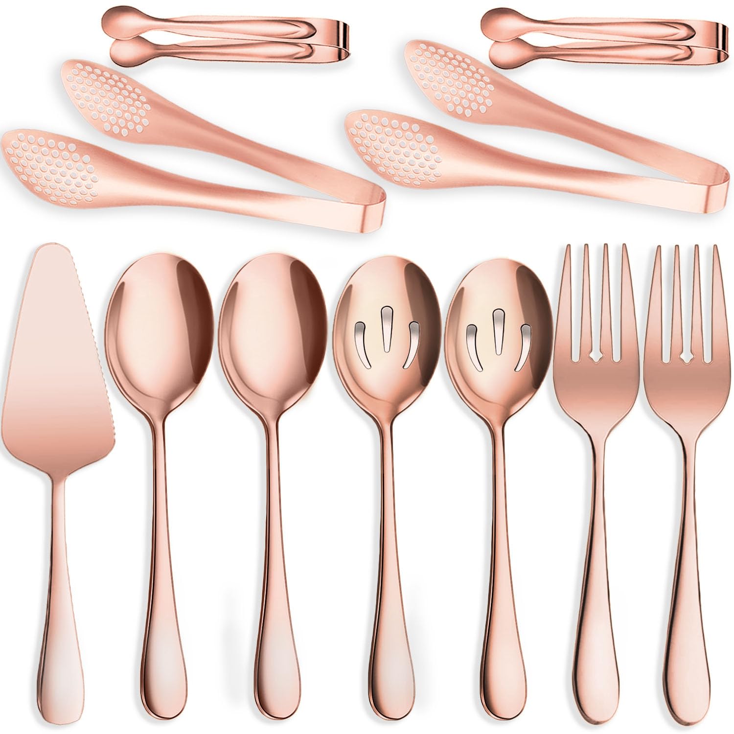 Servierutensilien, große Edelstahllöffel, Gabeln, Zange, Tortenheber, ideal für Gastgeberin, Buffet, Catering, Bankett, Party, Roségold, 11 Stück
