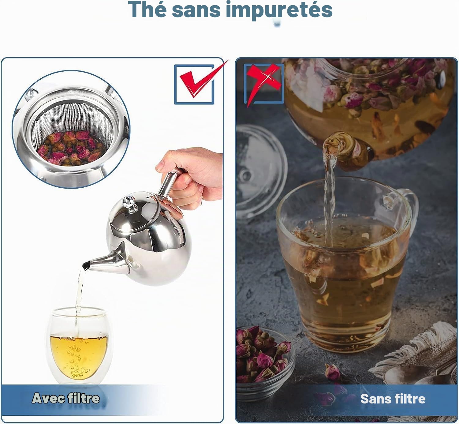 Fyearfly Théière en acier inoxydable avec infuseur, théière de 1 litre/1,5 litre, théière en argent fine avec filtre pour maison, hôtel, restaurant, thé en vrac(1L)
