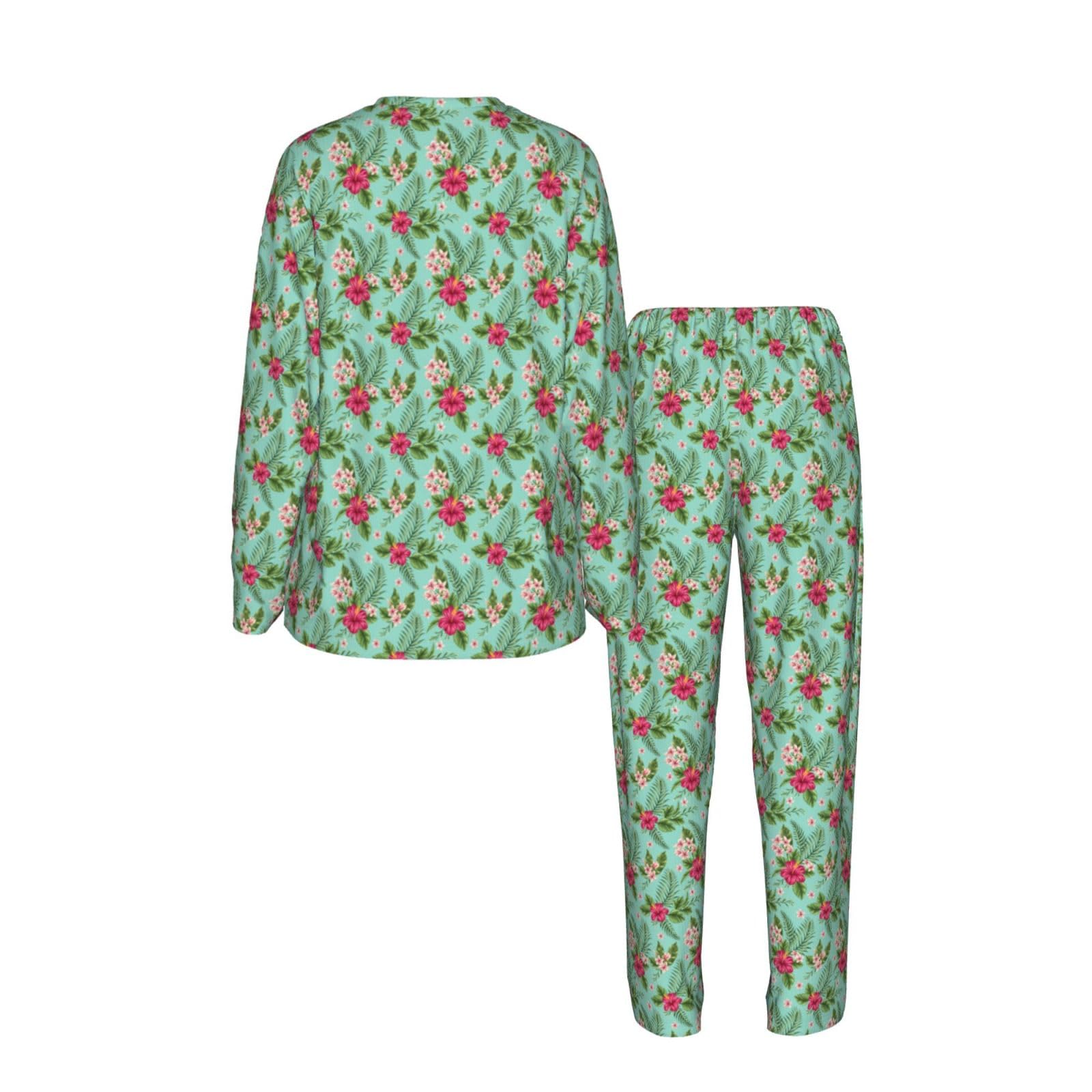 Pigiama da donna a maniche lunghe con stampa di fiori tropicali hawaiani morbido elastico coulisse casual Daywear