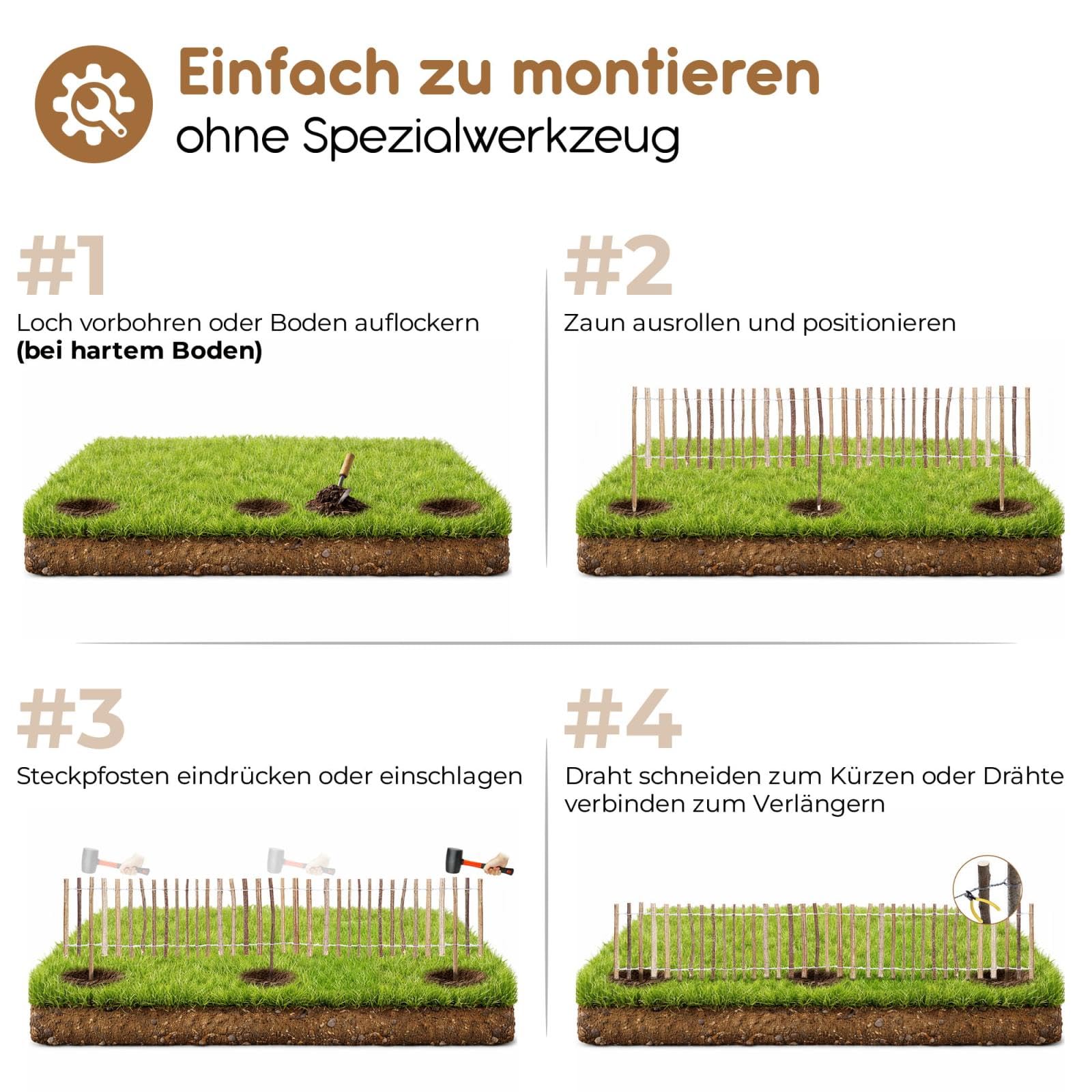 BOOGARDI Mini Gartenzaun Holz · Staketenzaun in 6 Größen · Beeteinfassung 50 cm hoch x 300 cm lang (Lattenabstand 7-9cm) · Garten Beetumrandung Steckzaun · Kleiner Zaun zum Stecken