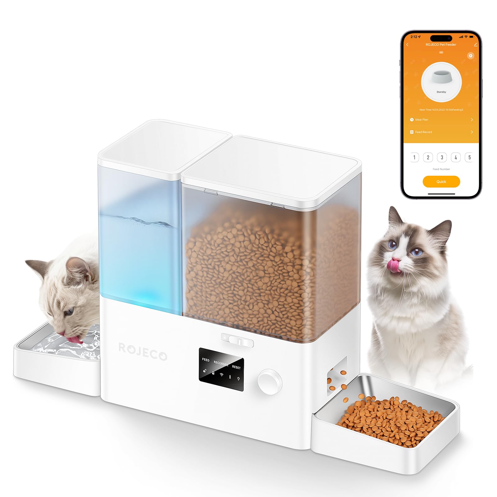 ROJECO Distributore Cibo Gatti Automatico 2-in-1 con Wi-Fi APP, 5L Crocchette + 3.5L Acqua a Gravità, Mangiatoia e Abbeveratoio per Gatti