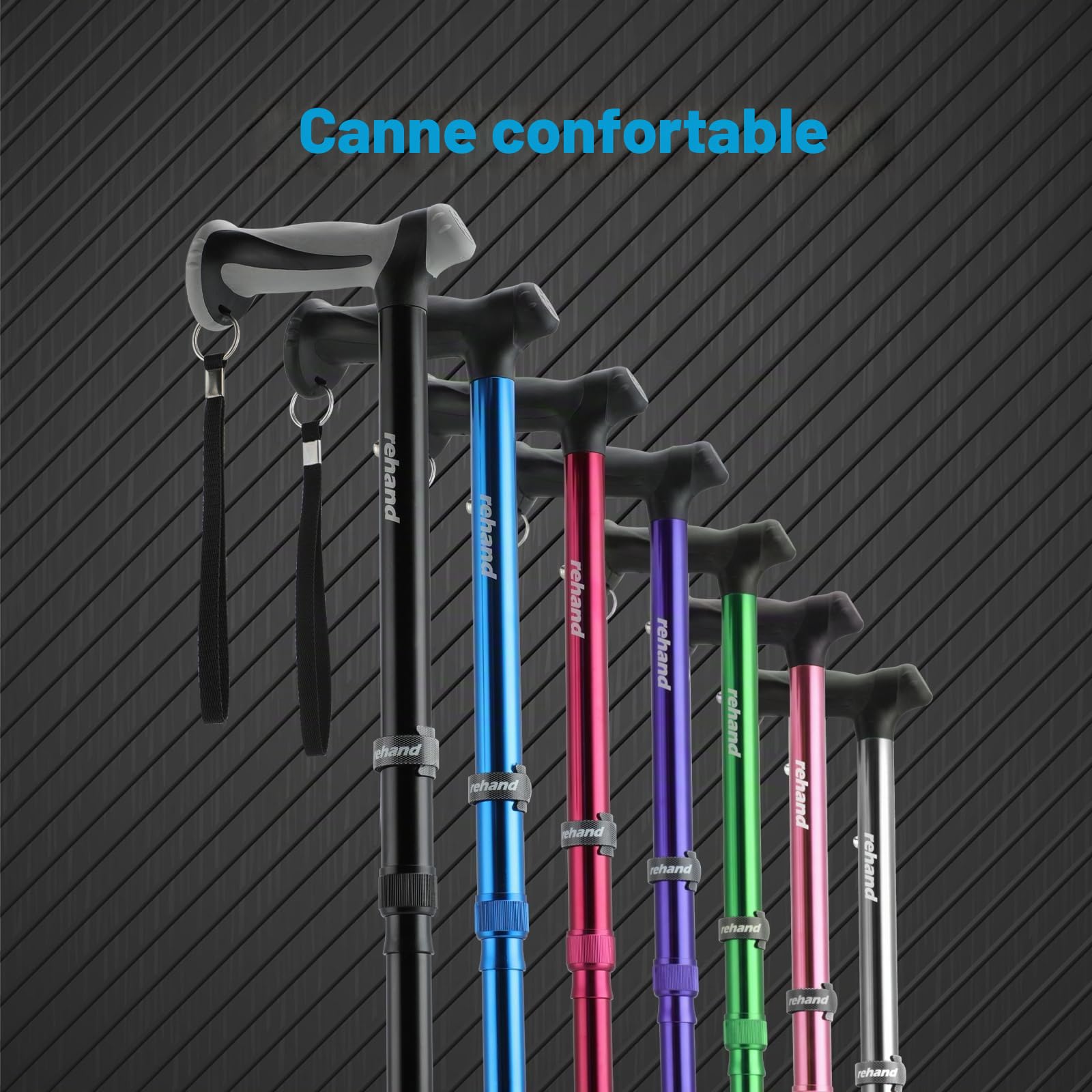Rehand Canne de Marche Pliable Tout-Terrain, Canne de Marche pour Femme et Homme, Pointe Pivotante et Aide à la Mobilité Robuste, Bâton de Marche Réglable pour Les Personnes âgées et Les Dames