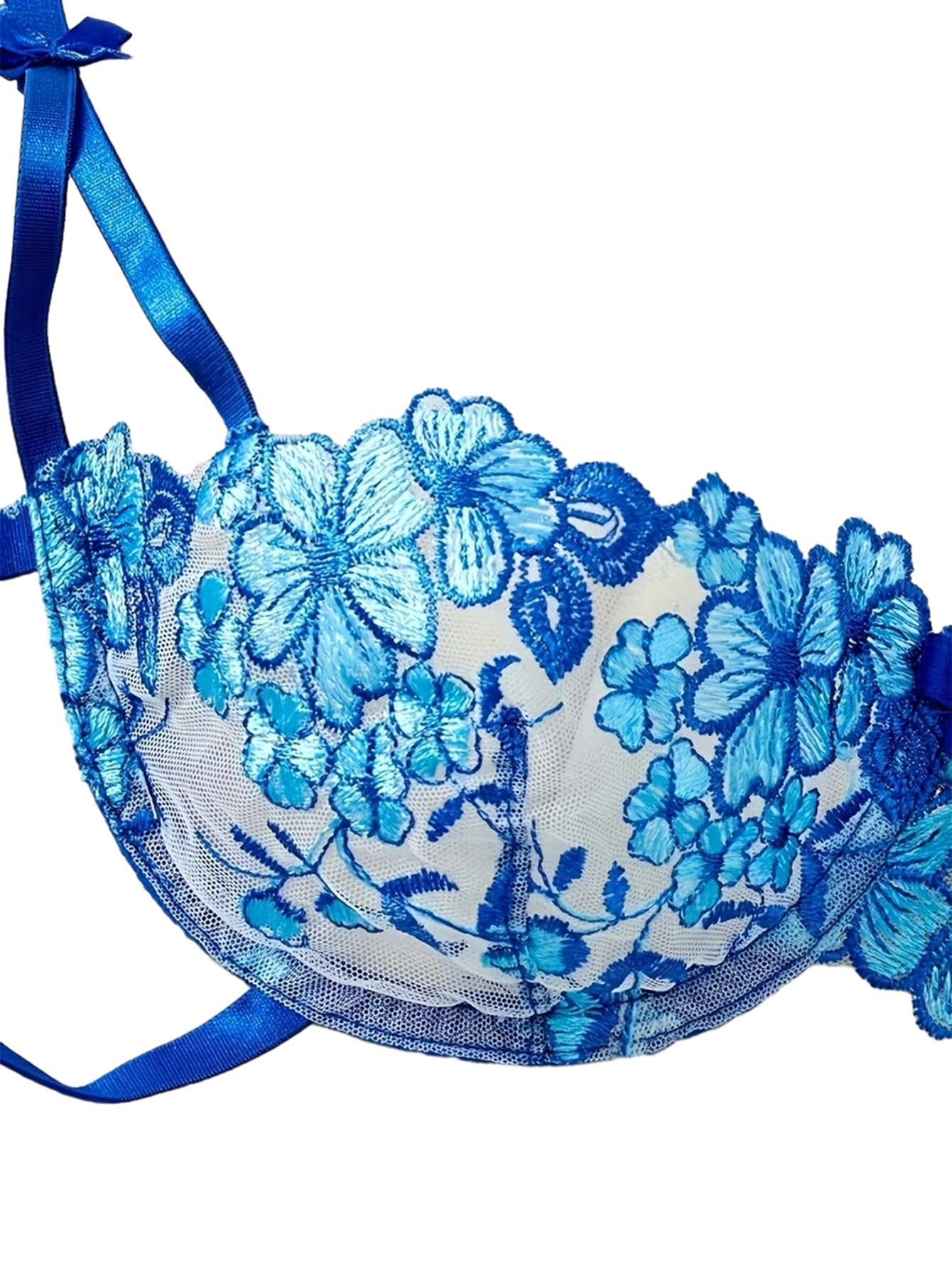 Lilosy Sexy Tie Side Cute Underwire Push Up Strappy Embroidered Mesh Sheer Lingerie Set: Bow Large Bow Floral Blue