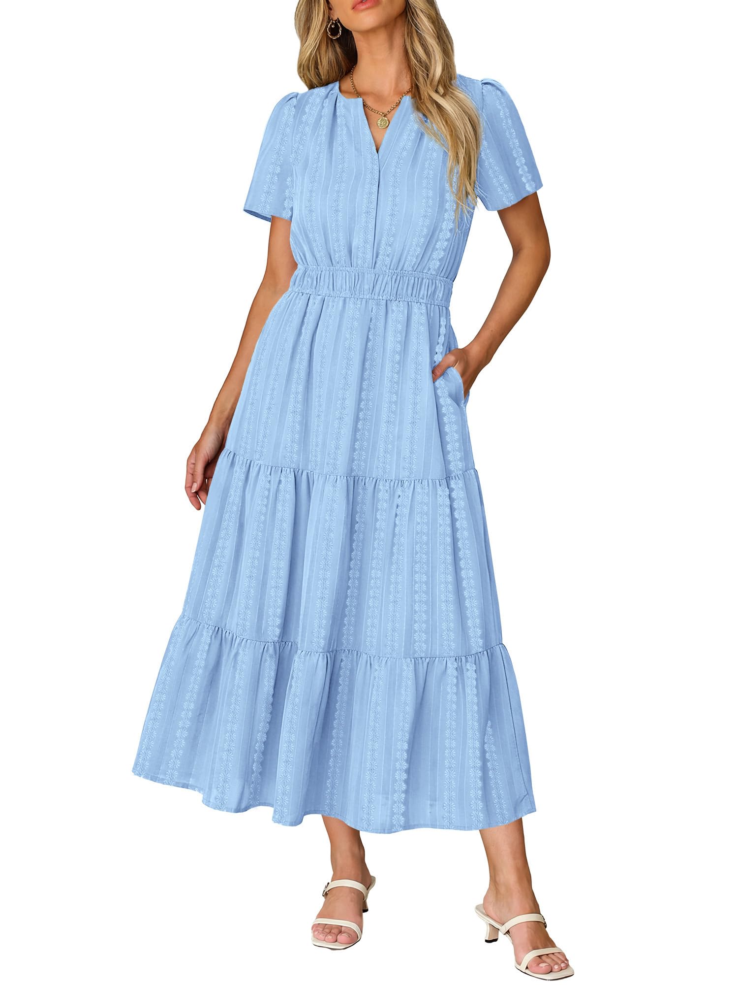 RUMIA Women Casual Midi Maxi Dresses Short Sleeve V Neck Elastic Waist Vacation Dress Pockets（S-2XL — view 10