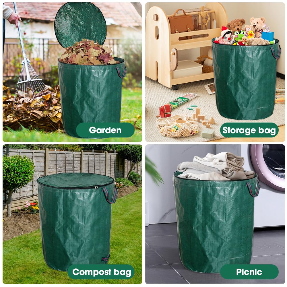3 sacos de basura de jardín, 120 L, con tapa y asas, bolsas de basura de jardín, estables para residuos de jardín, bolsas de corte verde para césped, hojas, setos, residuos de jardín