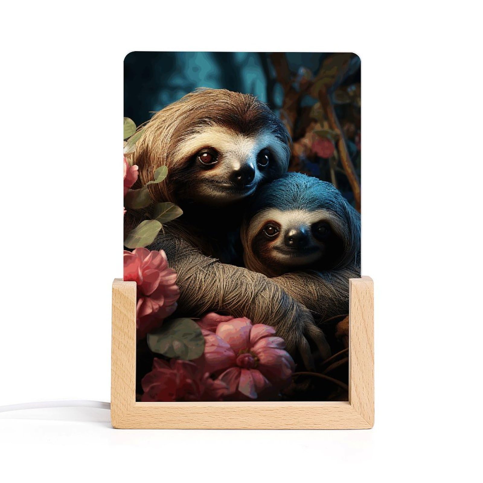 JTREHY Acrylic Night Light,A Sloth and A Baby Sloth Printed Wooden Base LED Night Light Modern Home Decoration Light with USB Switch Cable for Bar Cafe Bedroom Room Decoration