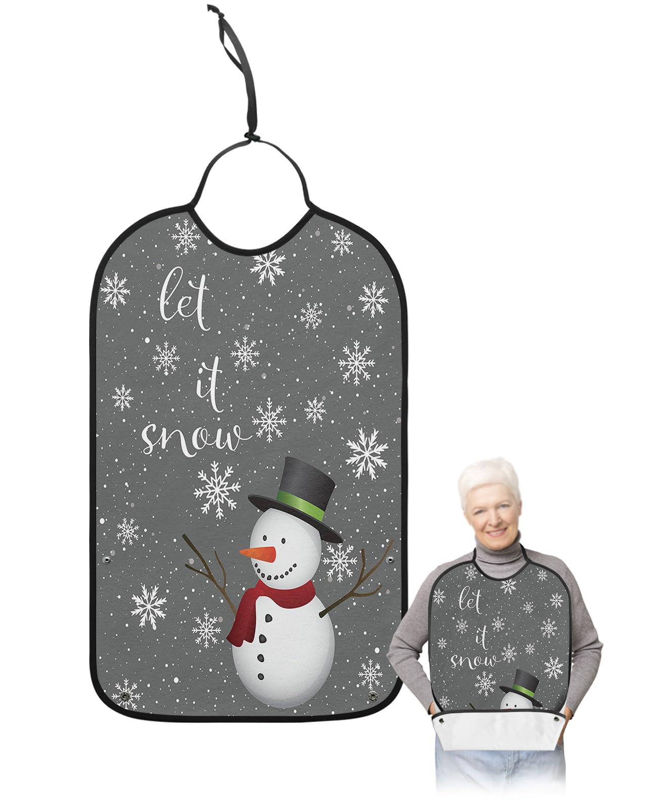 Christmas Snowman Adult Bibs for Eating, Waterproof Bibs with Food Catcher & Adjustable Snap Closure, Winter Snowflake Gray Let Snow Washable Clothing Protectors Adult Bibs for Elderly Women/Men