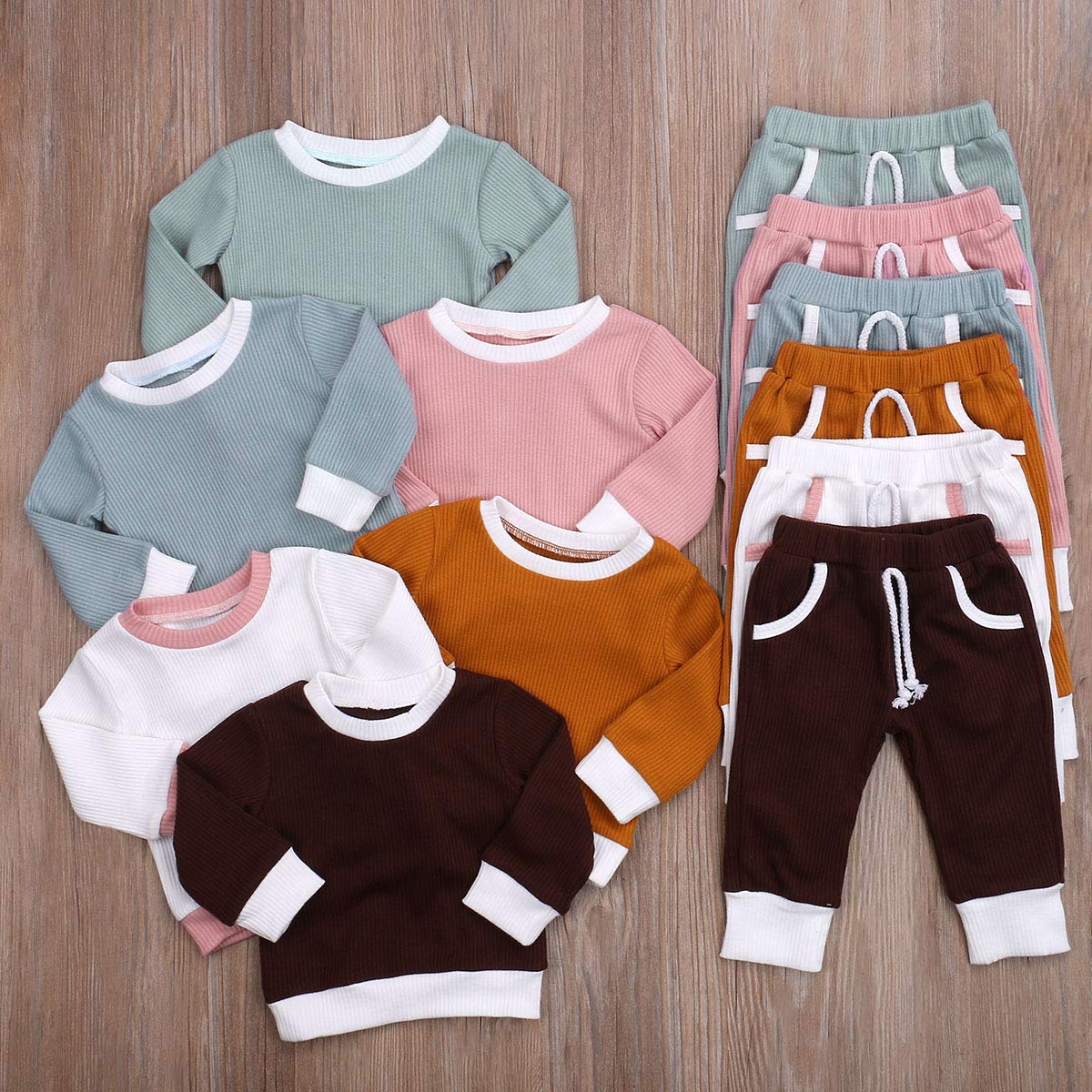 Unisex Infant Baby Girl Boy Outfits Ribbed Long Sleeve Tee and Pants with Pockets 2 Piece Set (6-12 Months,Pink)