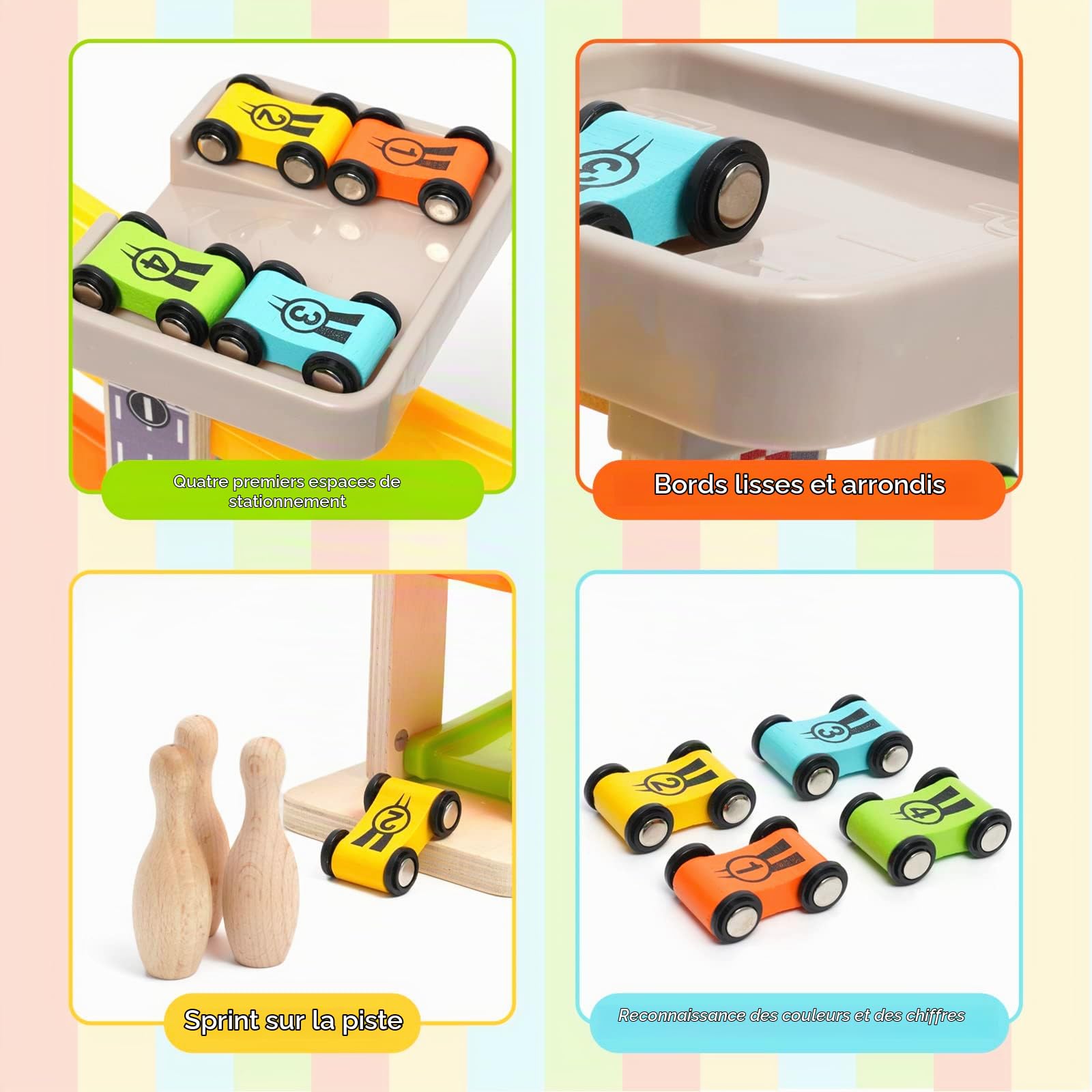 Voiture Rampe de Course Jouets, Circuit Rampe avec 4 Mini Voitures et 3 Boules de Bowling, Toboggan Bois, Glissière en Zigzag Jeu pour Enfants 1-3 Ans