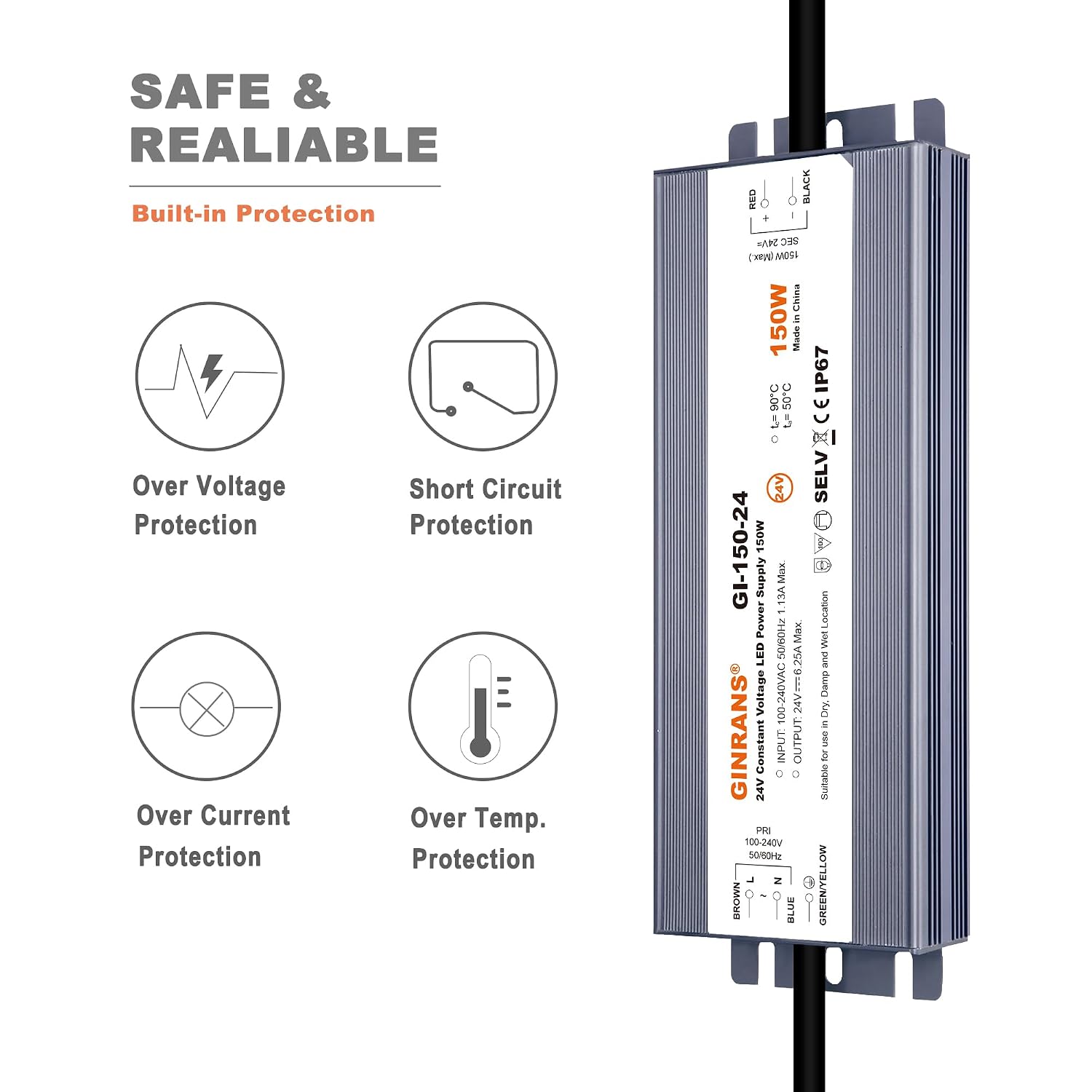 150W IP67 Waterproof Constant Voltage LED Driver Power Supply Transformer, 100-240V AC Universal Input with Plug, Output 24V DC 6.25A Max. for Outdoor LED Lighting