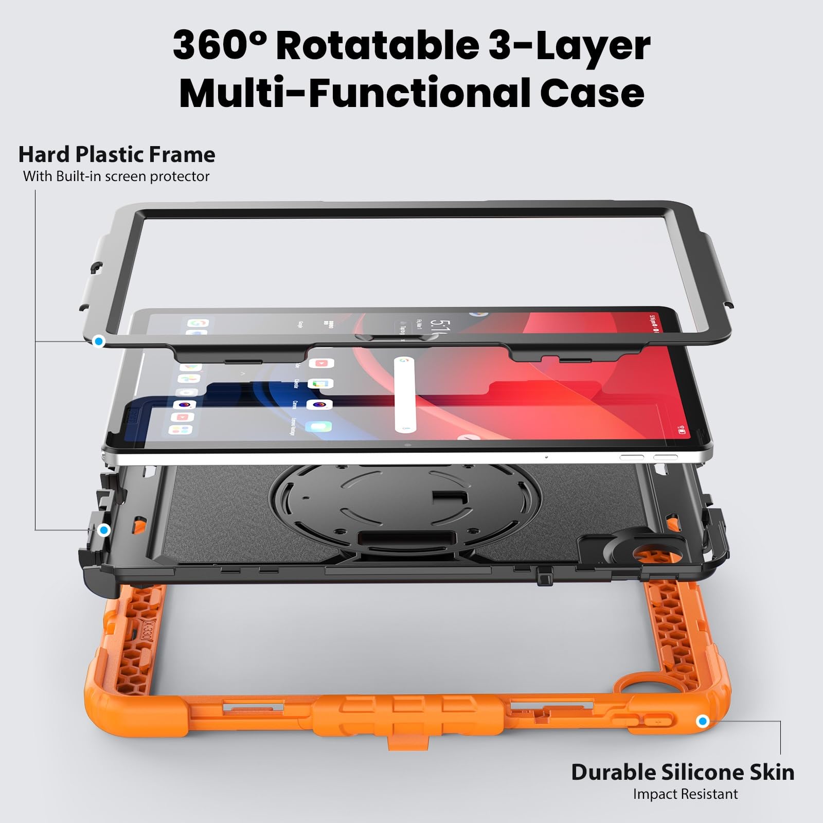 Kompatybilny z Lenovo Tab M11 TB-330FU/Lenovo Xiaoxin Pad 2024 TB-331FC Wytrzymała, odporna na wstrząsy obudowa TPU, osłona ochronna osłoną ekranu Obrotowa podpórka 380 + pasek rękę + ramię(Orange)