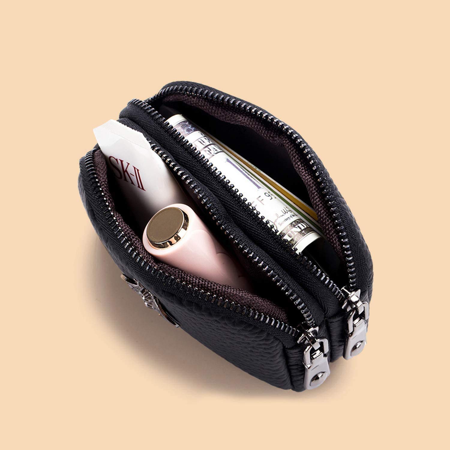 Porte-Monnaie en Cuir véritable pour Femme - Double Zipper Bee Change Pouch Wallet Card Holder Porte-Monnaie Mini Simple Cute Coin Pocket utile pour Les Femmes (Bleu)