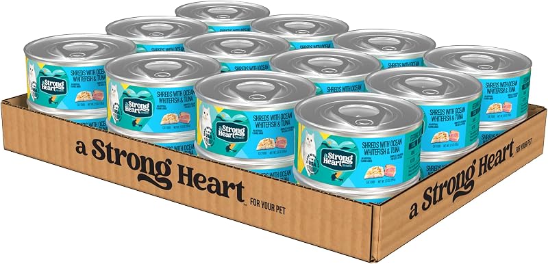 Ração úmida para gatos Strongheart com peixe branco oceânico e atum desfiados em molho, 156 g, pacote com 24 latas