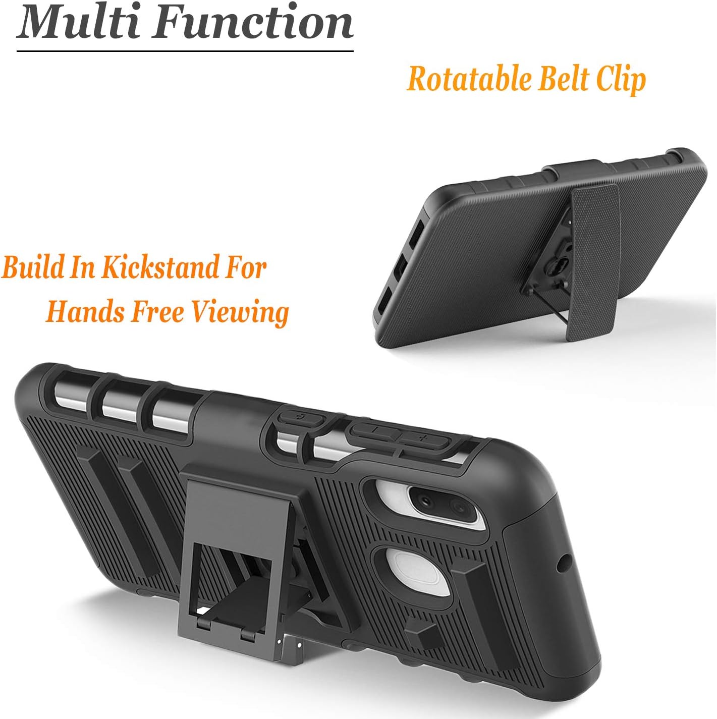 Samsung A01 Case, Galaxy A01 Phone Case, [with Tempered Glass Screen Protector] Circlemalls Heavy Duty Military Grade 12 ft Shockproof Kickstand Cover with Belt Clip Holster- Black