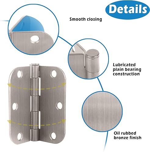 Miniatura 4 de Paquete de 6 bisagras de puerta de color blanco mate, bisagras de puerta blanco mate de 3.5 pulgadas con radio de 58 pulgadas, se ajustan a puertas
